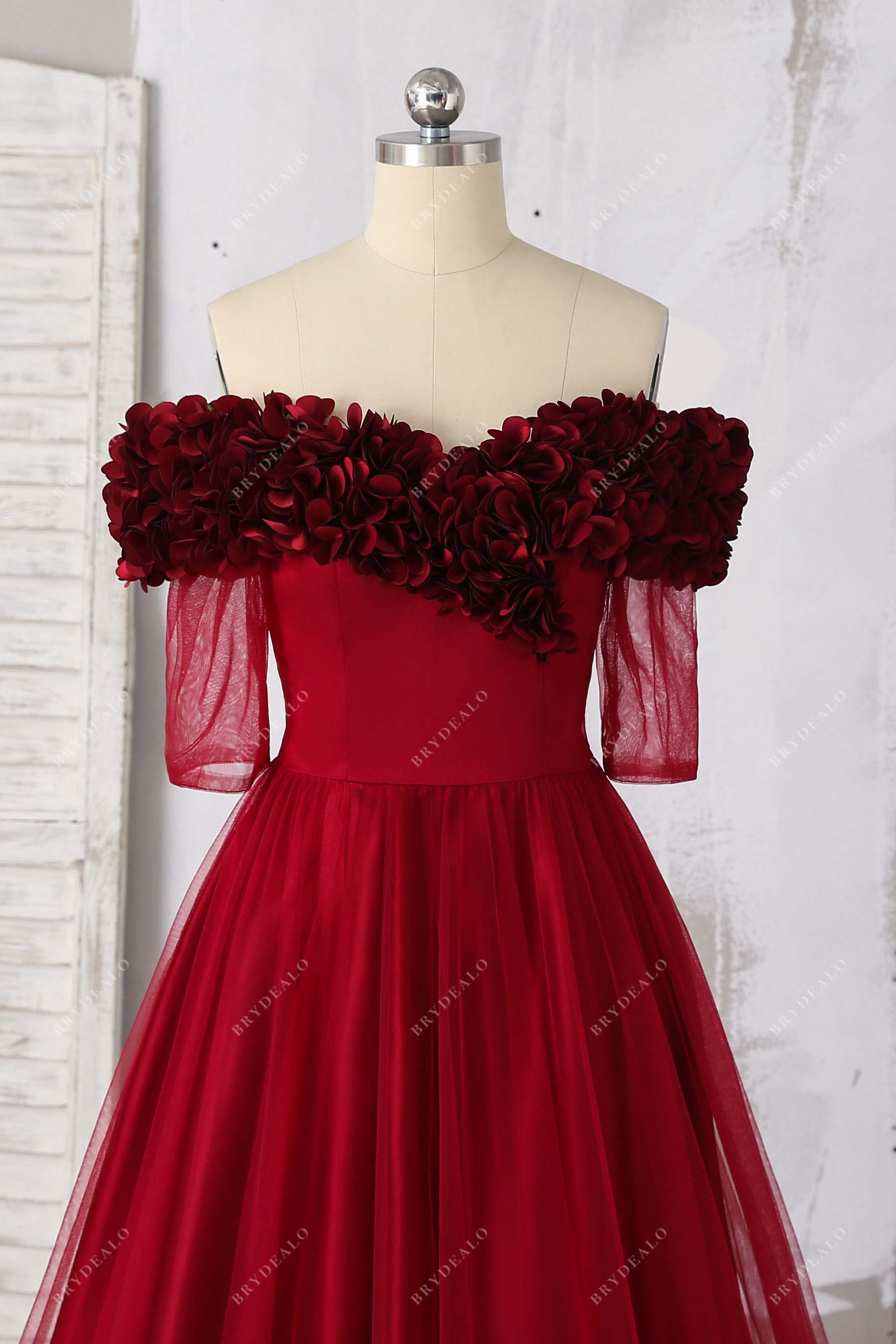 off-shoulder sweetheart neck red prom gown