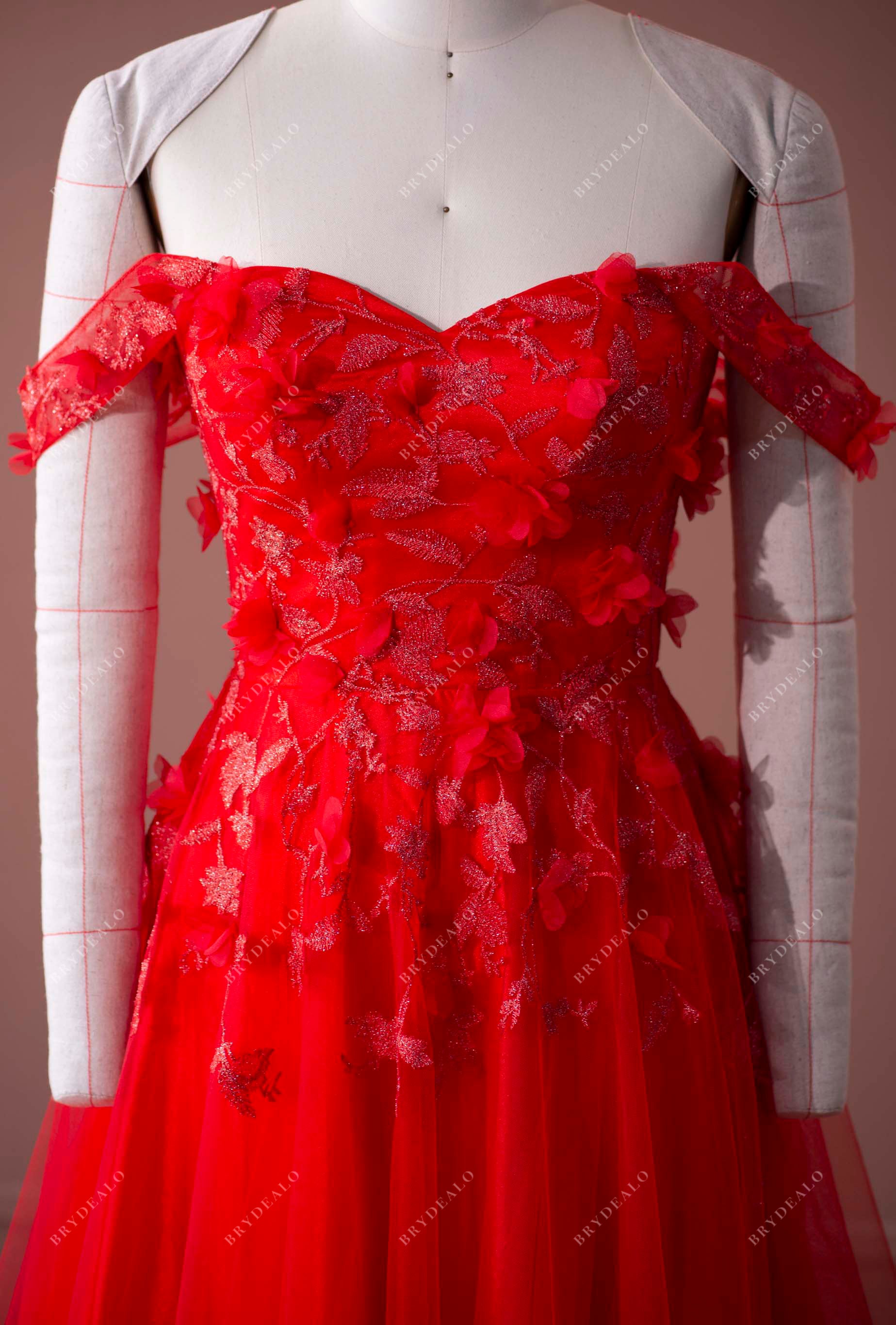 off-shoulder sweetheart red lace tulle formal dress