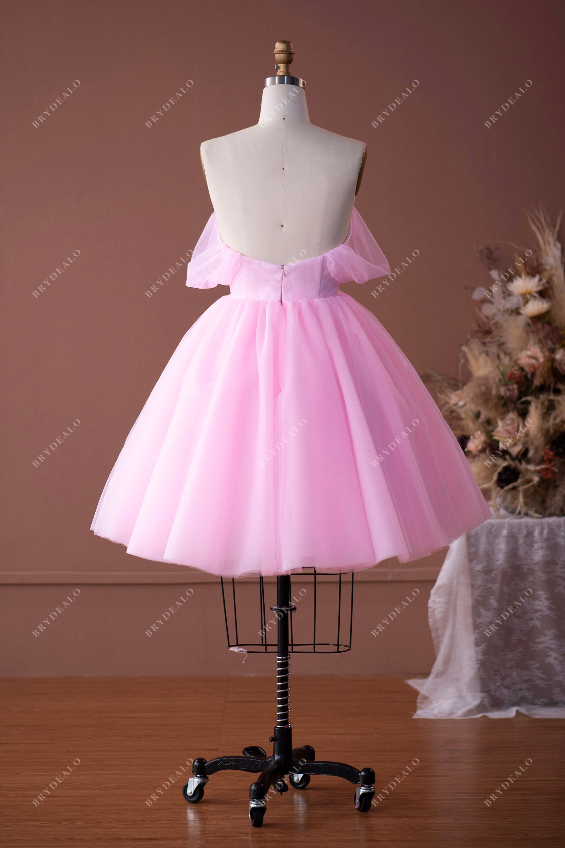 off-the-shoulder puffy knee length homecoming formal dress