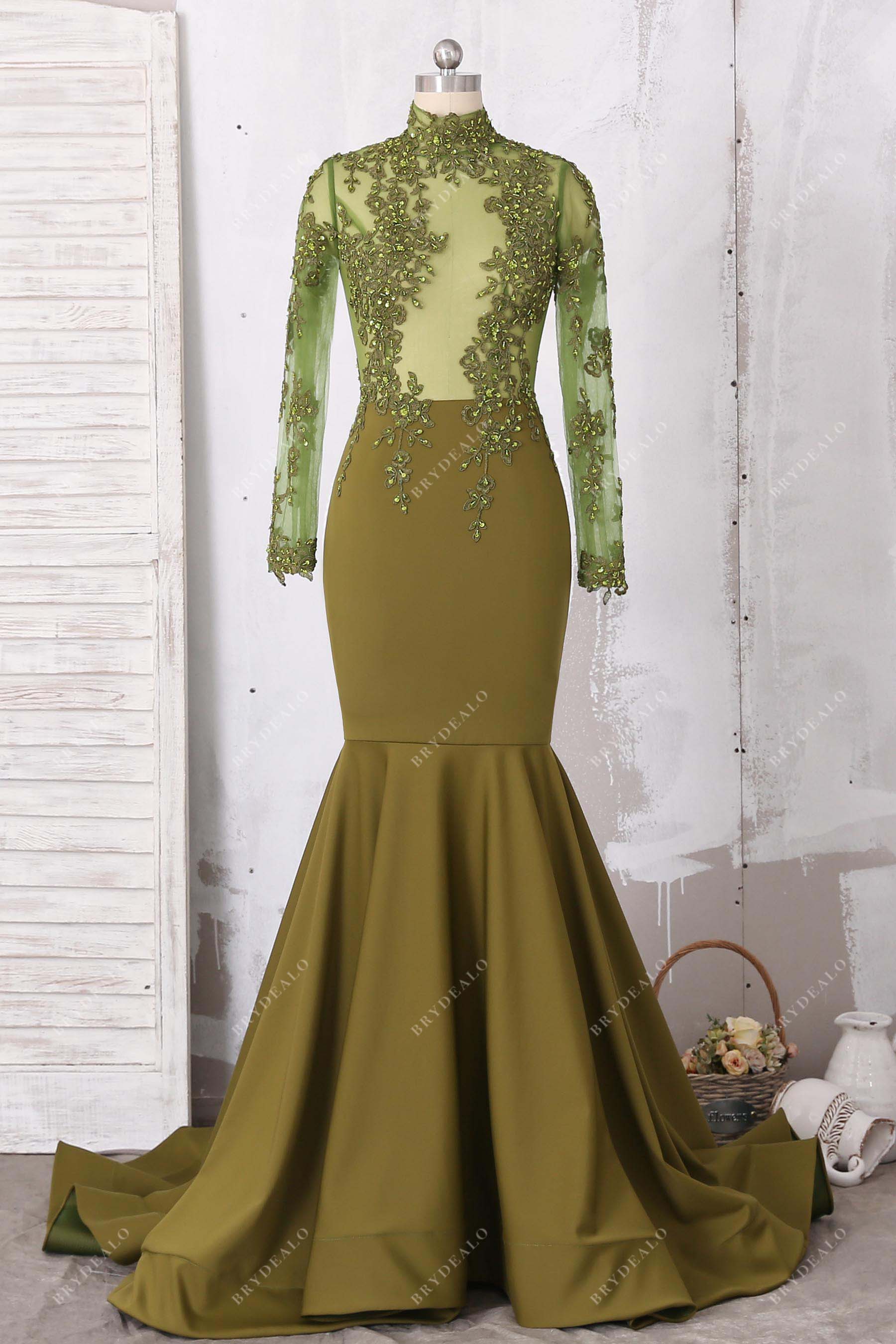 olive green lace jersey mermaid prom dress