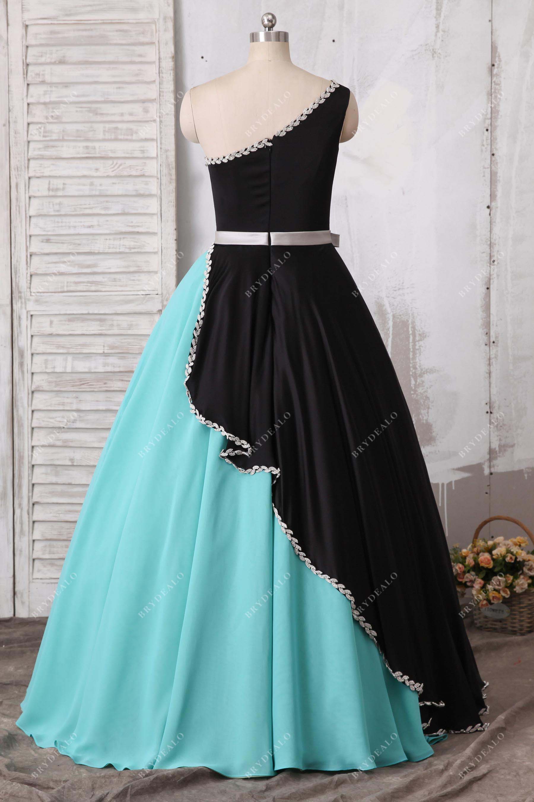 one sleeve ball gown satin prom dress
