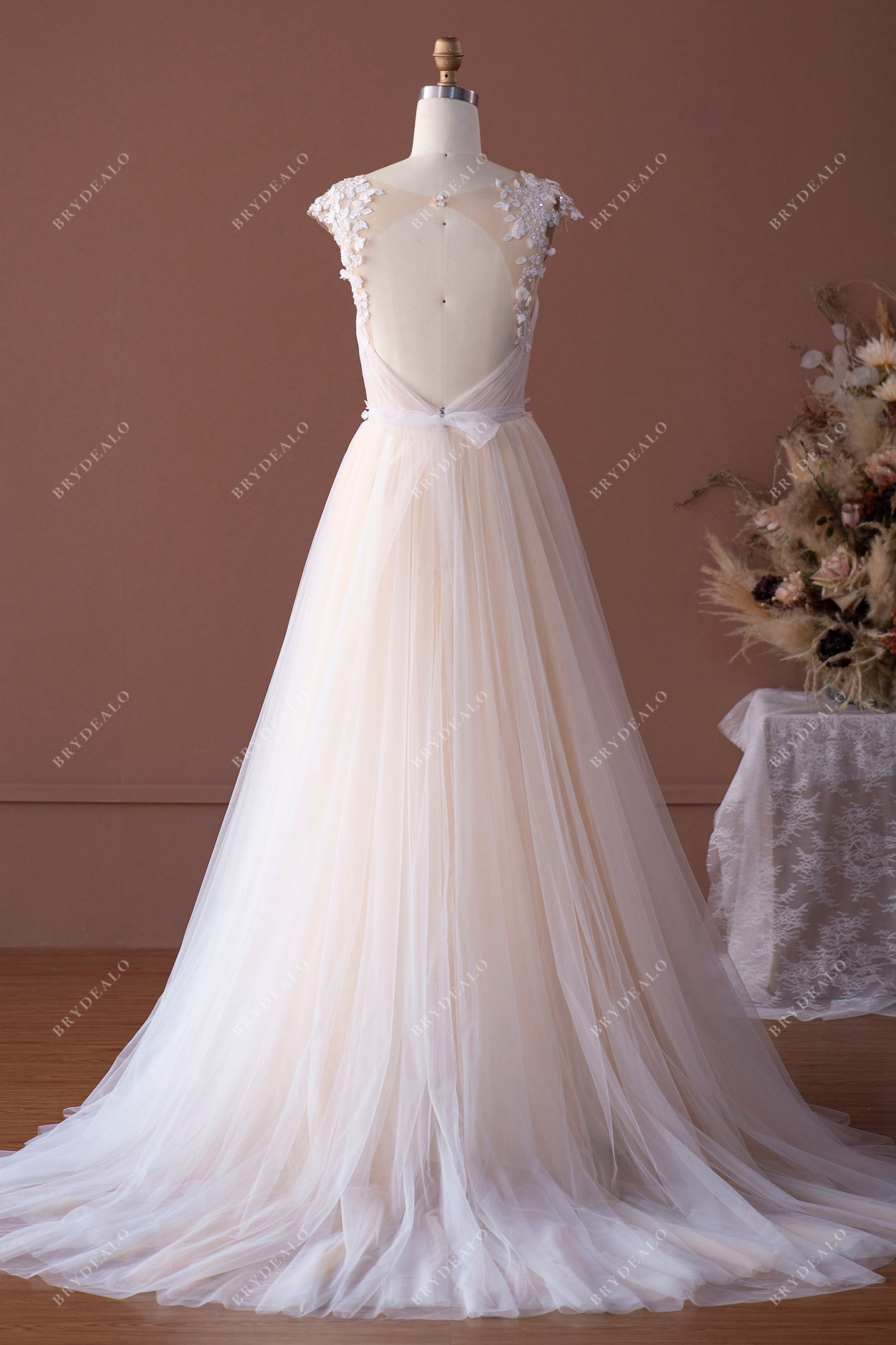 open back A-line court train bridal dress