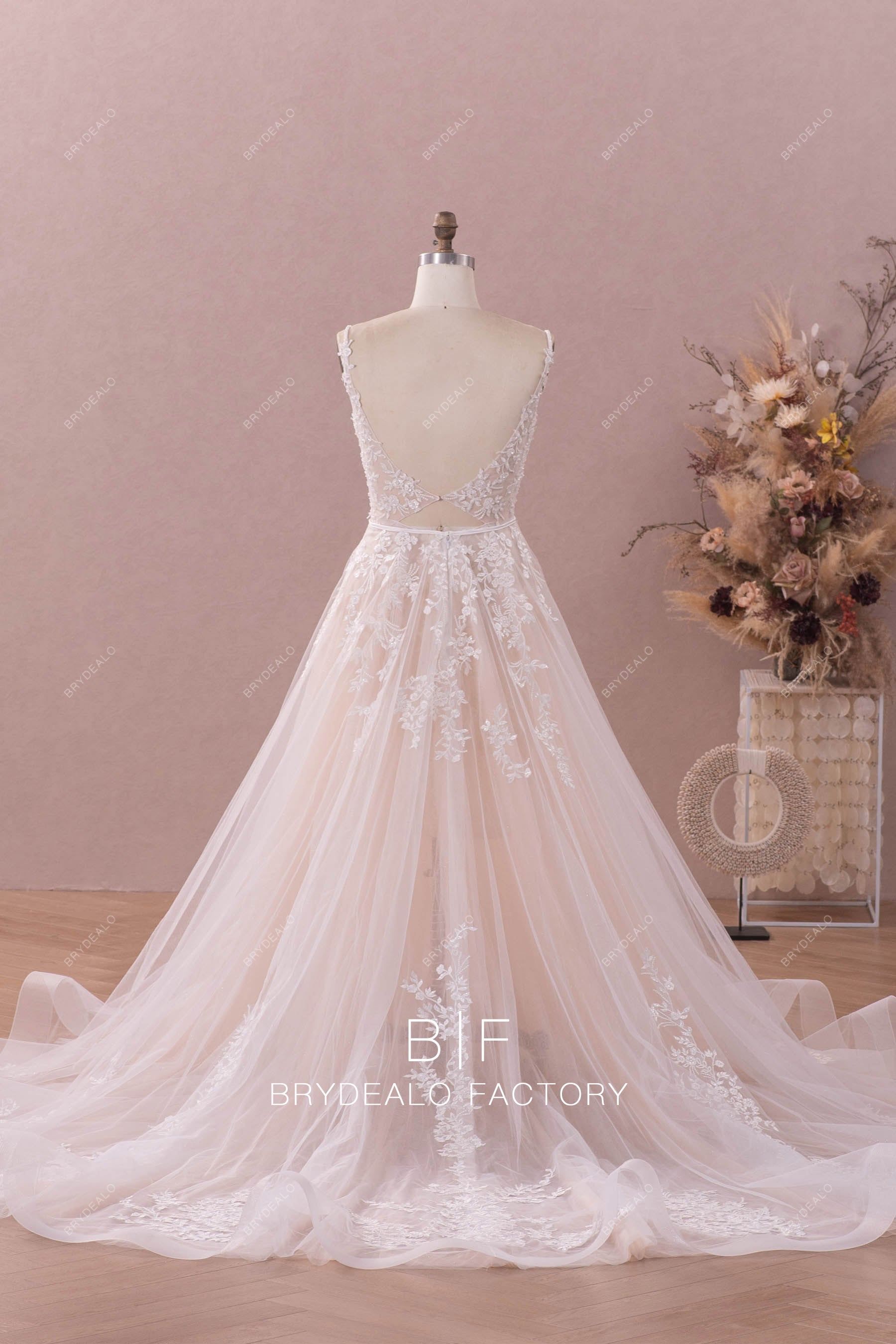 open back beaded flower lace long wedding dress