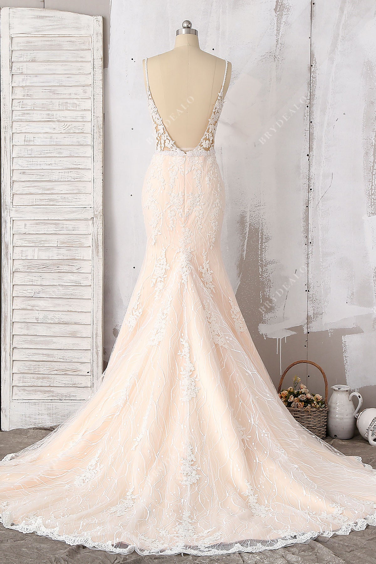 open back beaded lace spaghetti straps mermaid wedding dress