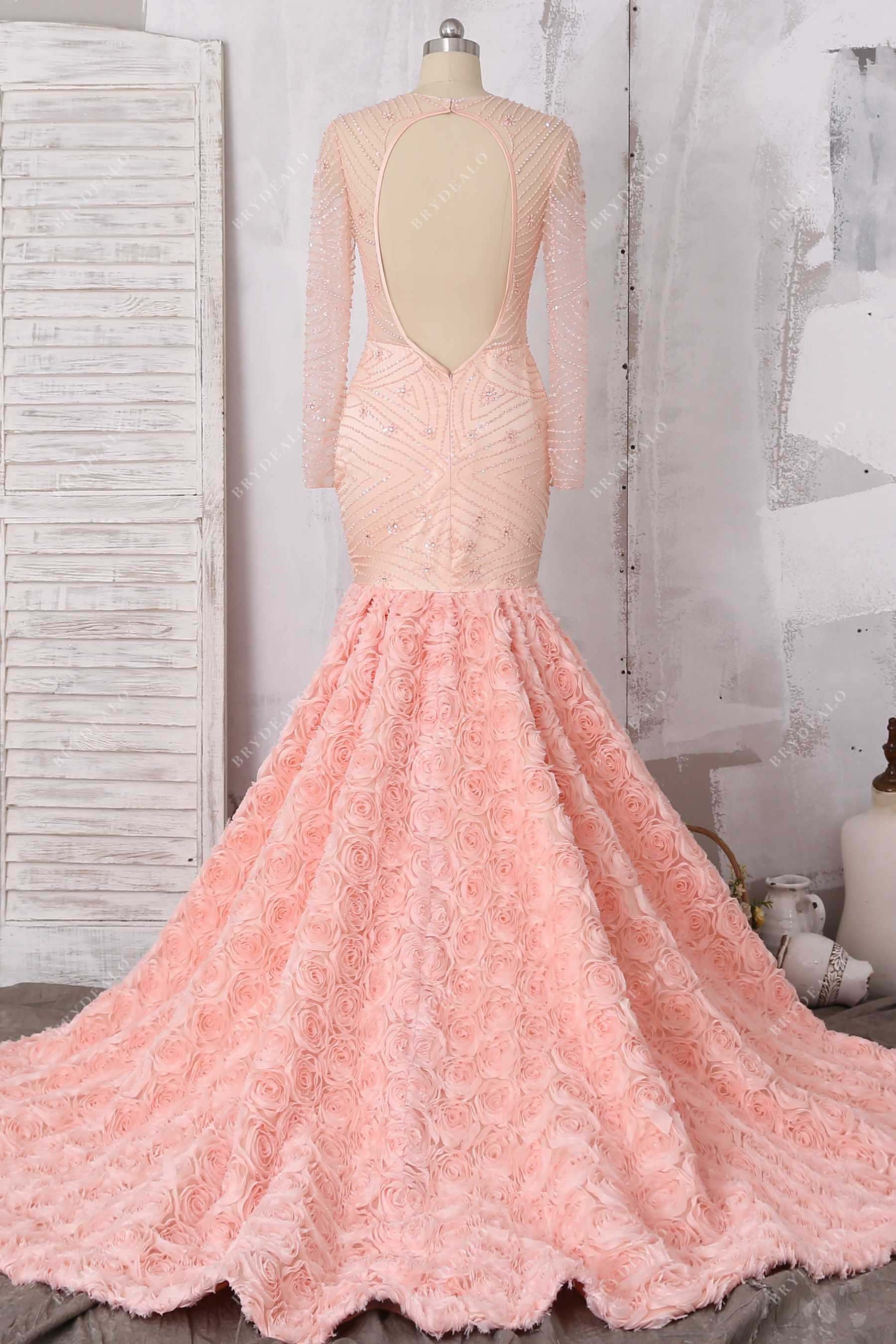 open back beaded trumpet peach pink prom gown