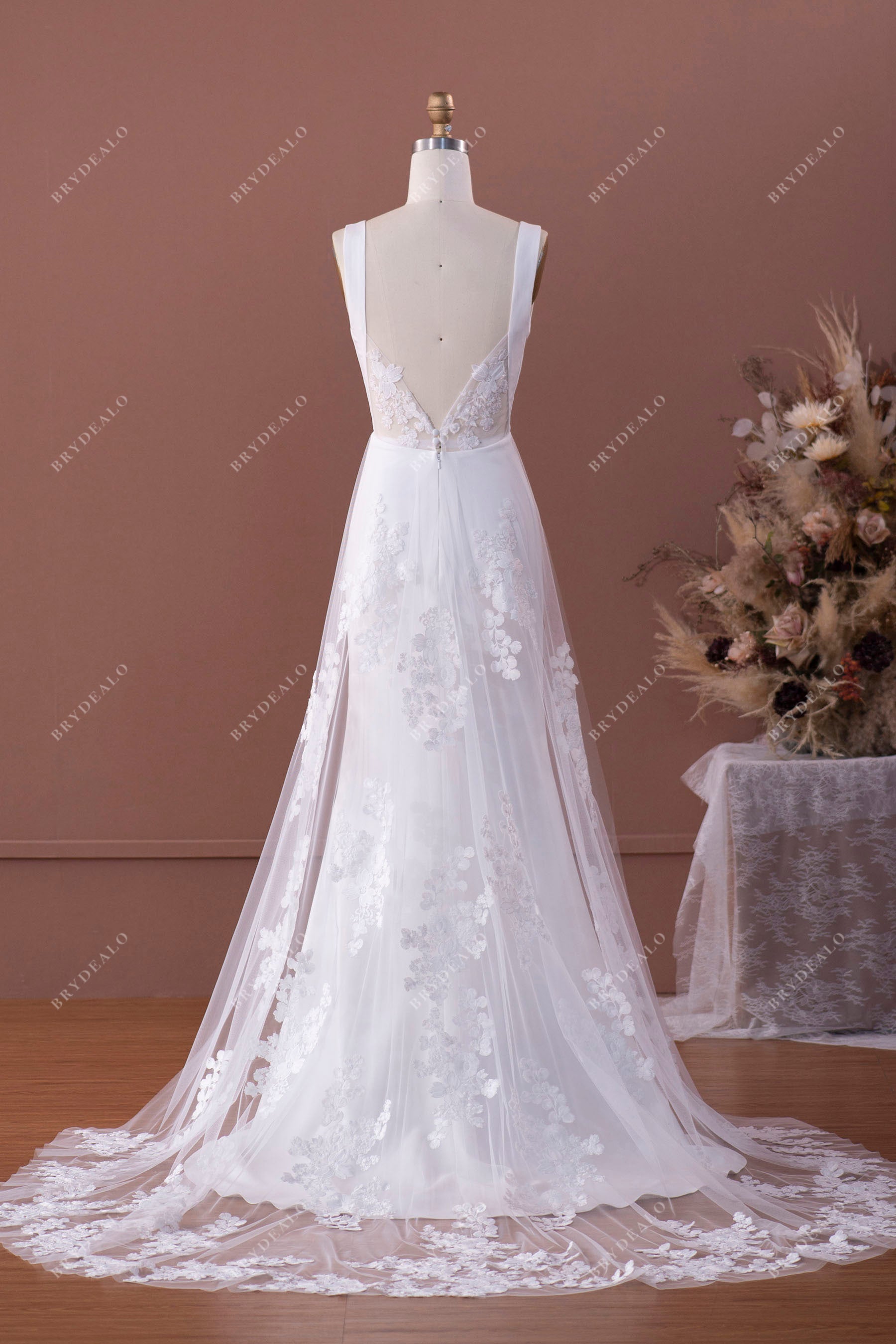 open back crepe mermaid wedding dress with lace panel train