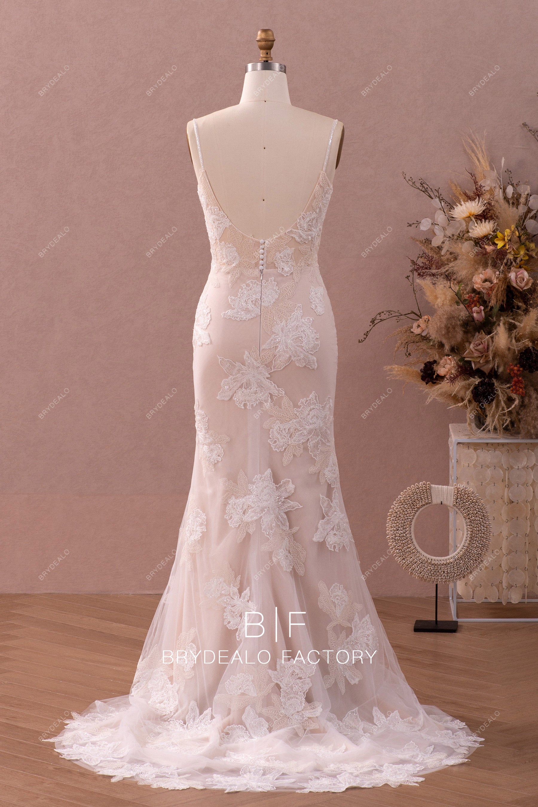 open back flower lace mermaid bridal gown