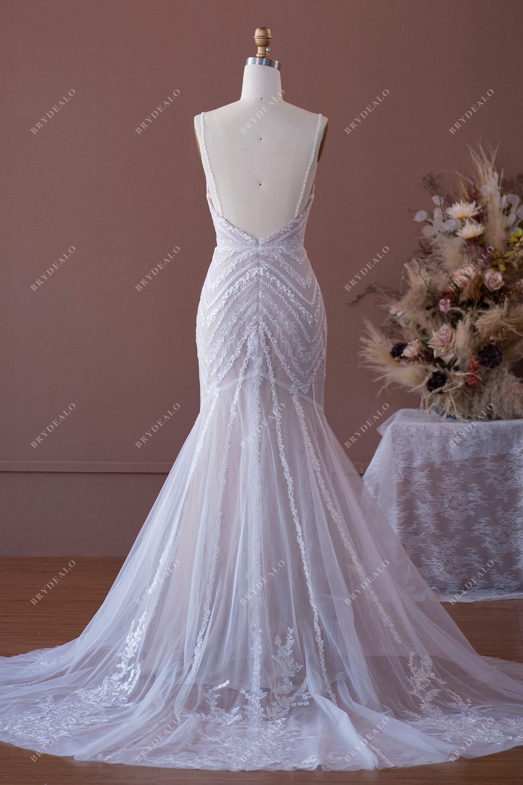 open back godet sequin lace mermaid bridal gown