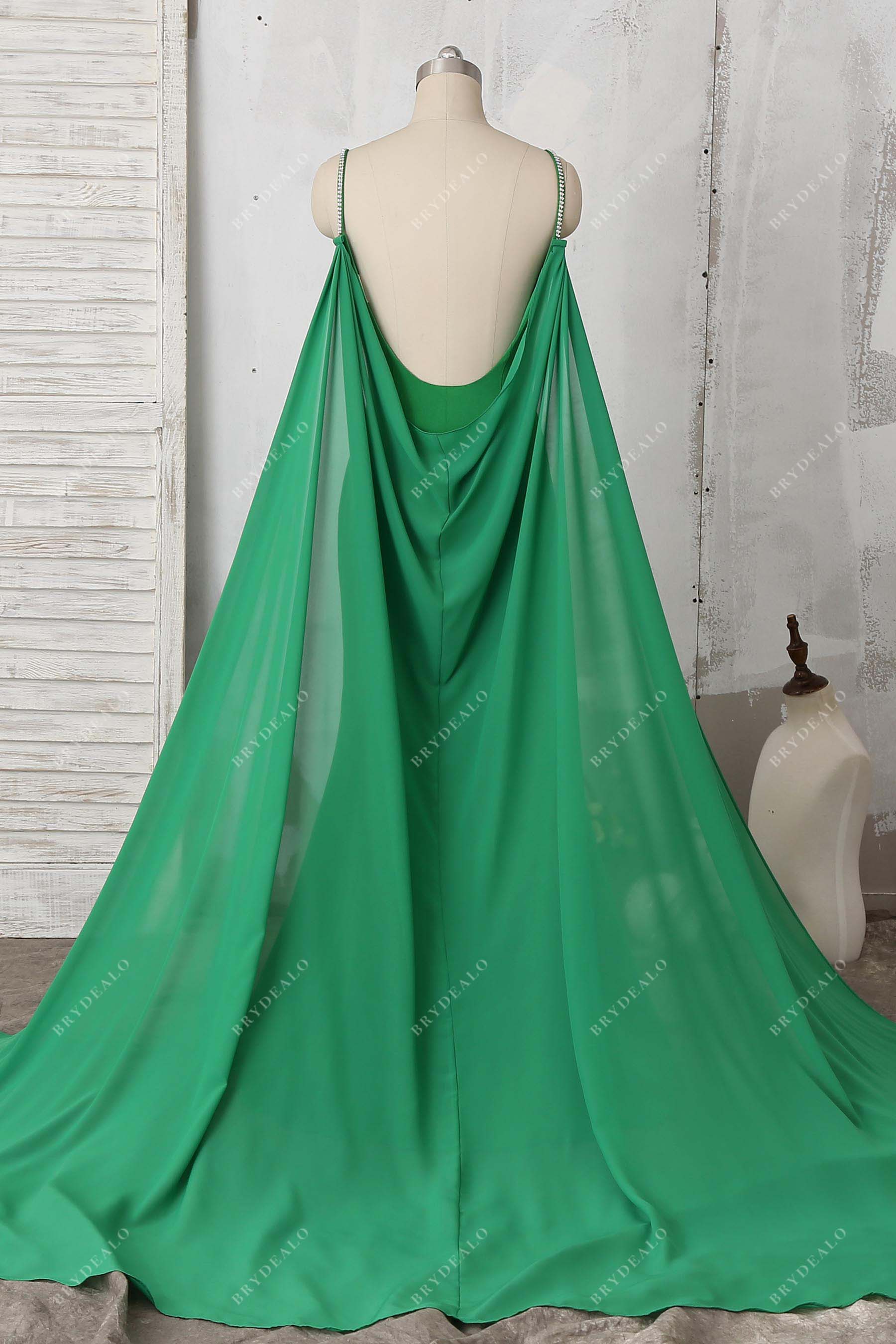 open back green satin chiffon cape prom gown