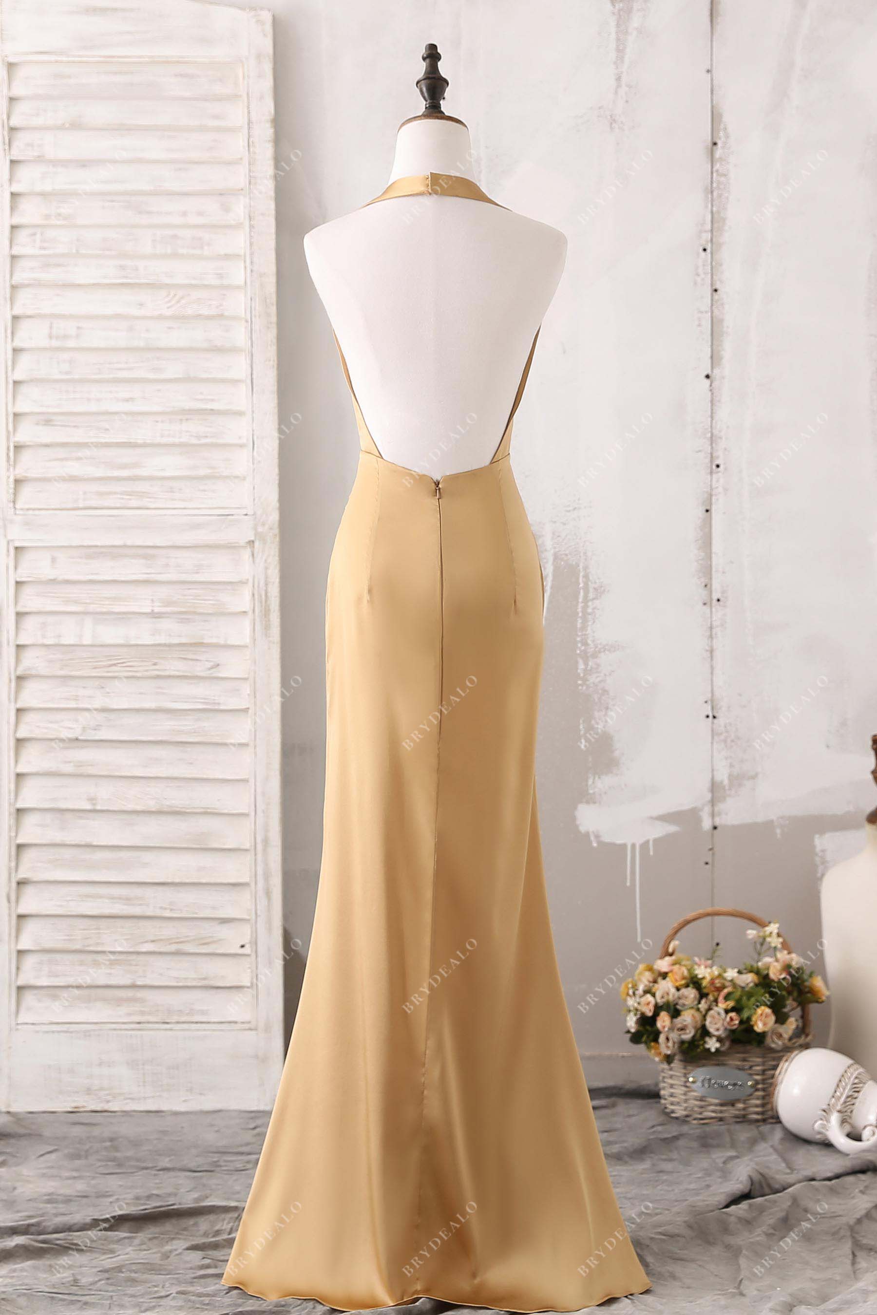 Gold Halter Plunging Open Back Evening Dress