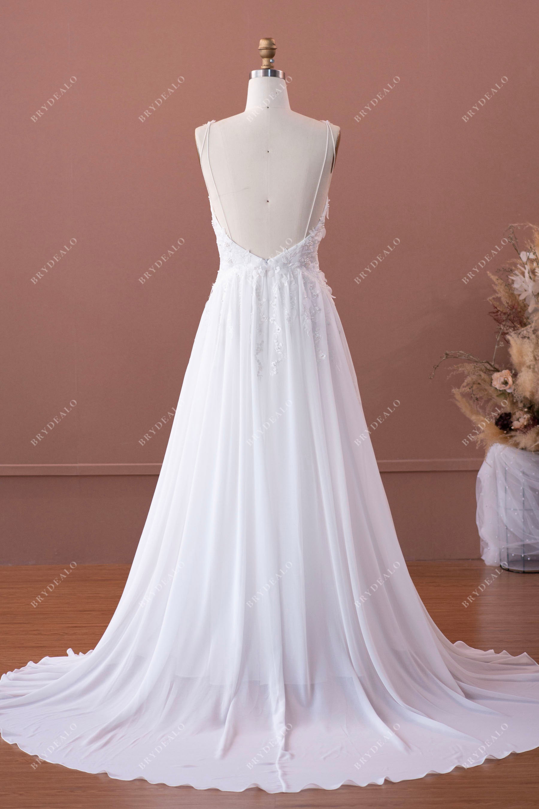 open back spaghetti straps lace chiffon A-line medium train wedding dress