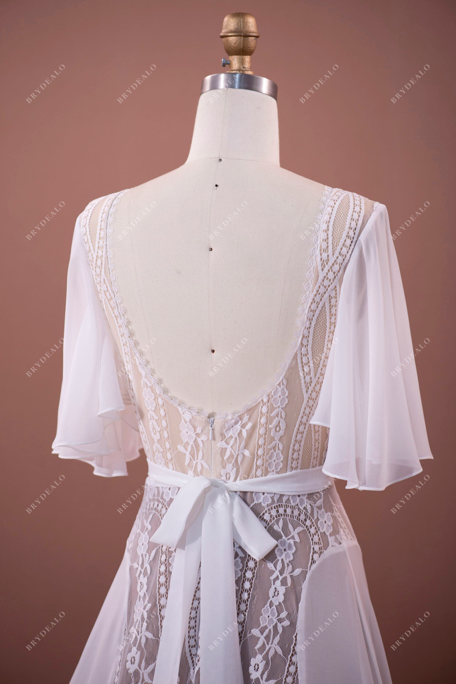 Flutter Sleeve Open Back Lace Chiffon Boho Wedding Dress