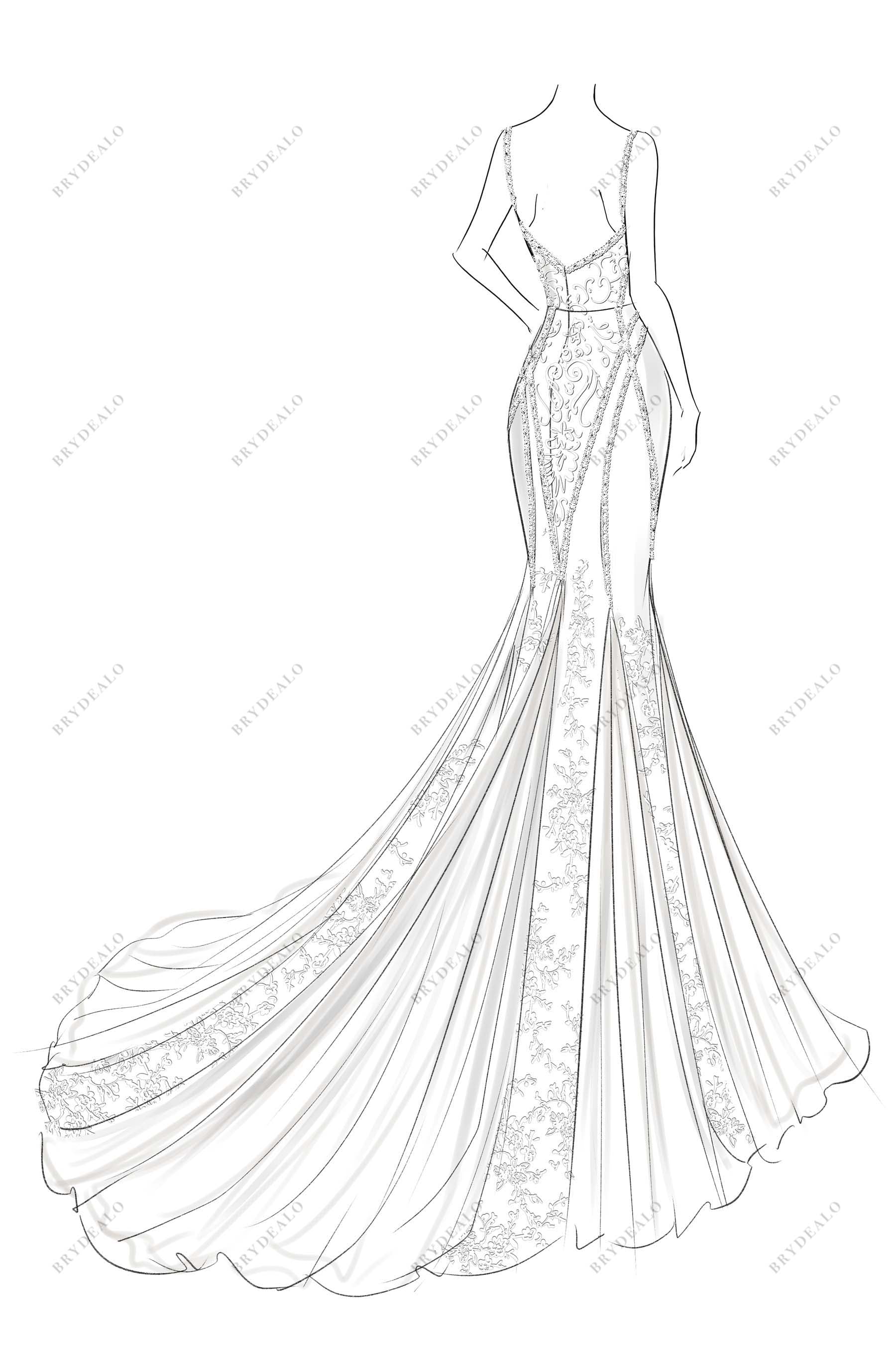 Open Back Lace Chiffon Chapel Train Wedding Dress Sketch