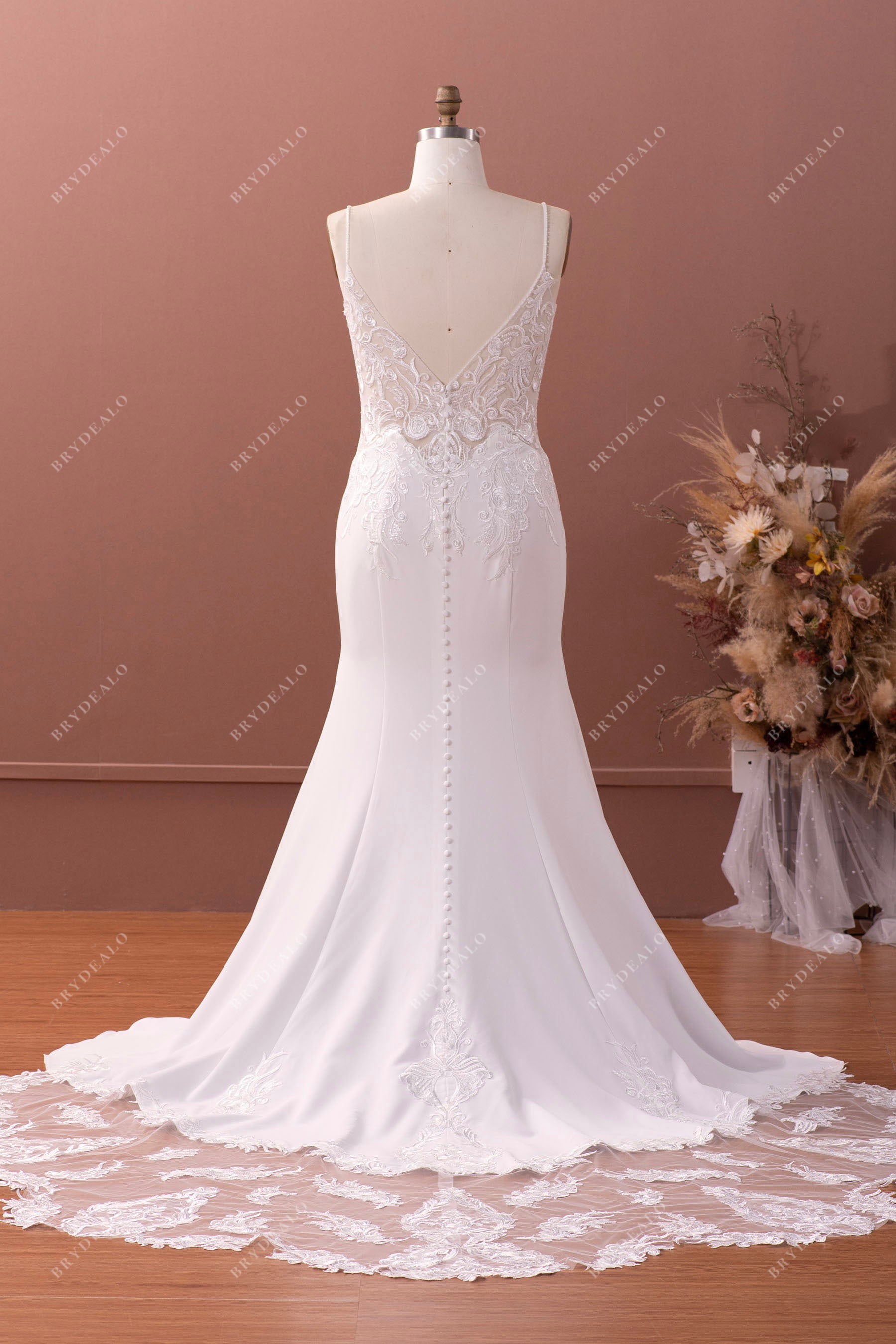 open back lace crepe mermaid bridal gown