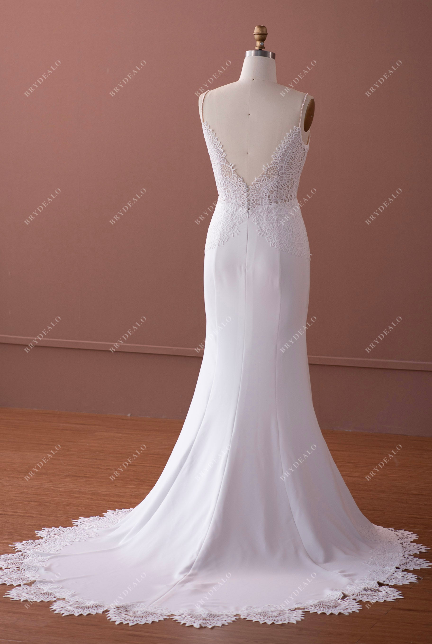 open back lace crepe scalloped train wedding dress