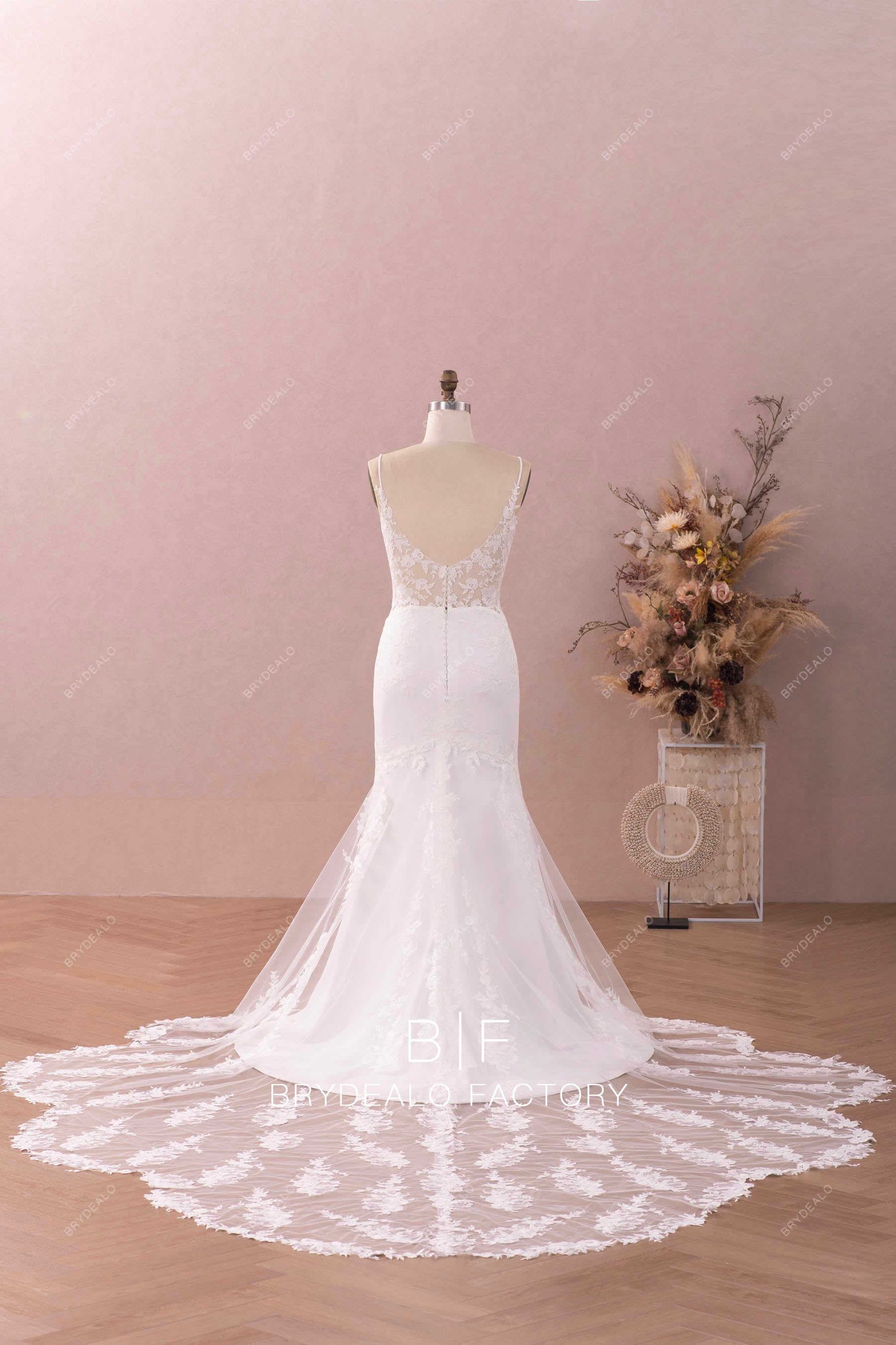 open back long illusion cutout train wedding dress