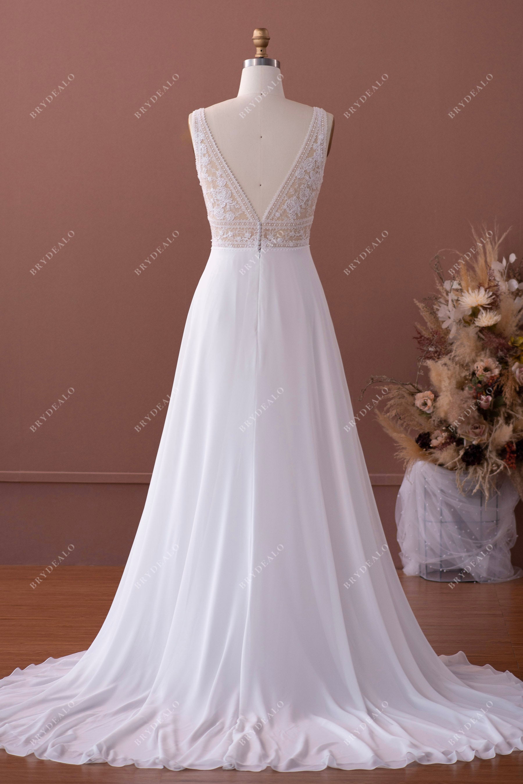 open back long lace chiffon wedding dress
