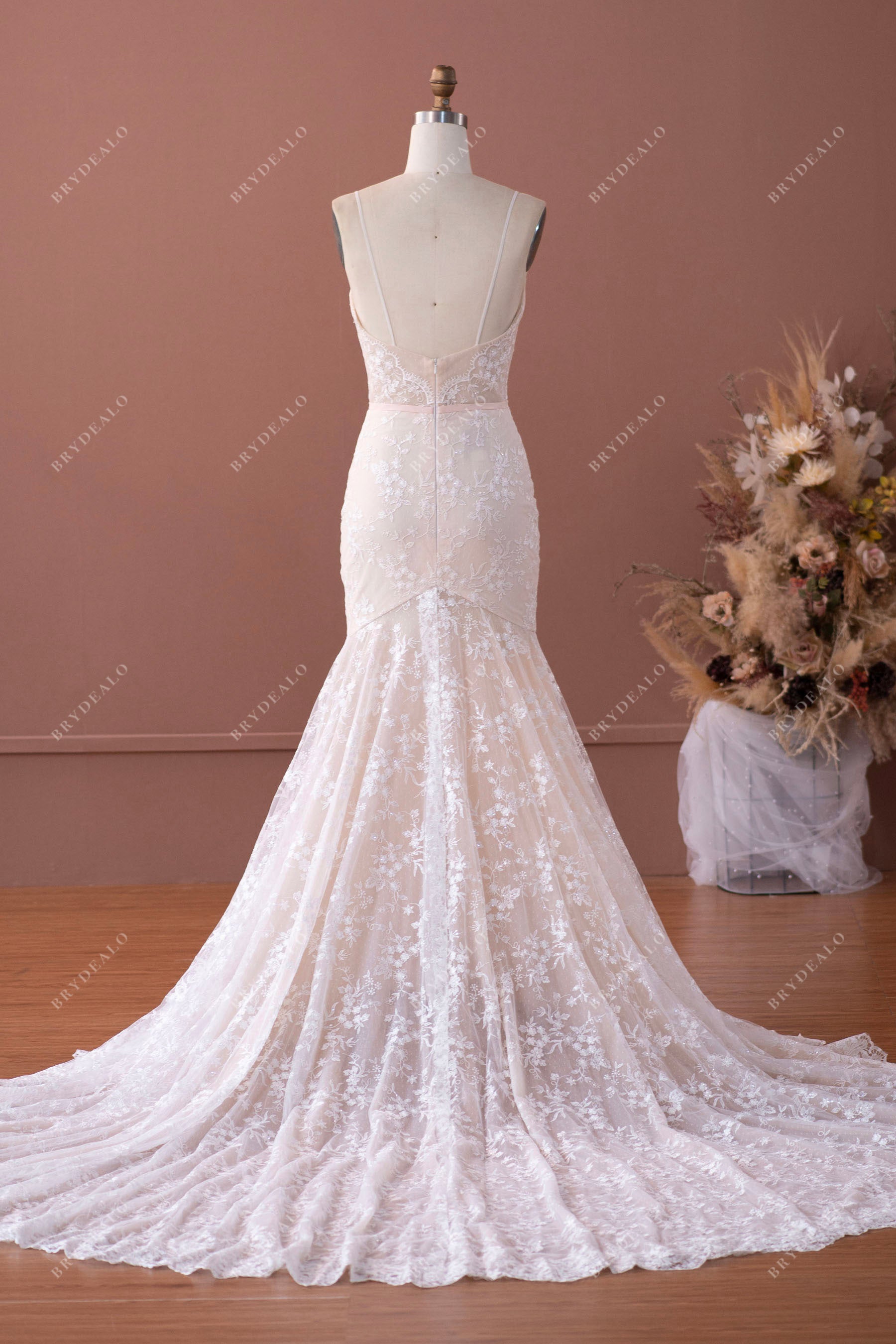 Open Back Thin Straps Lace Trumpet Wedding Gown
