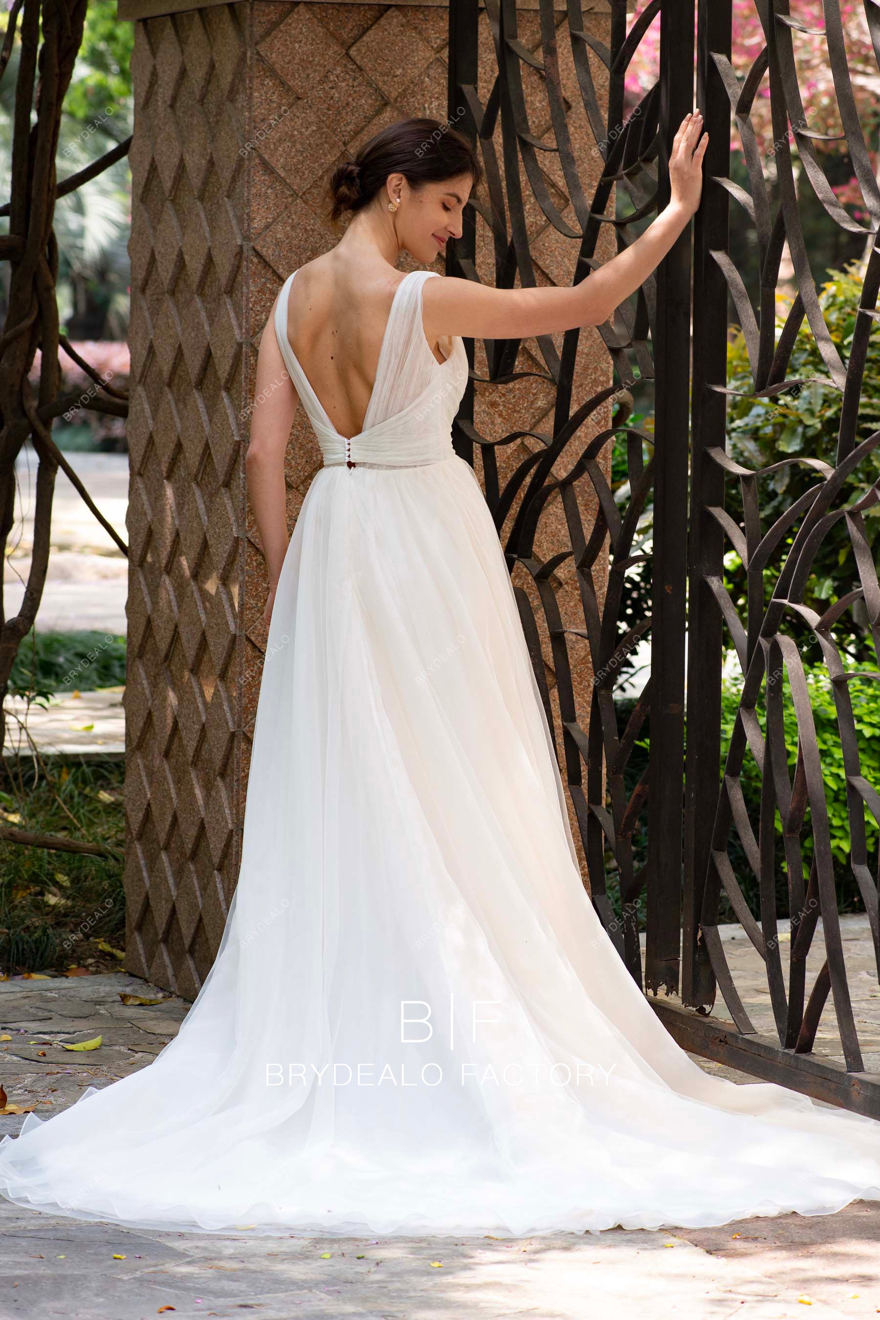 open back long tulle wedding dress