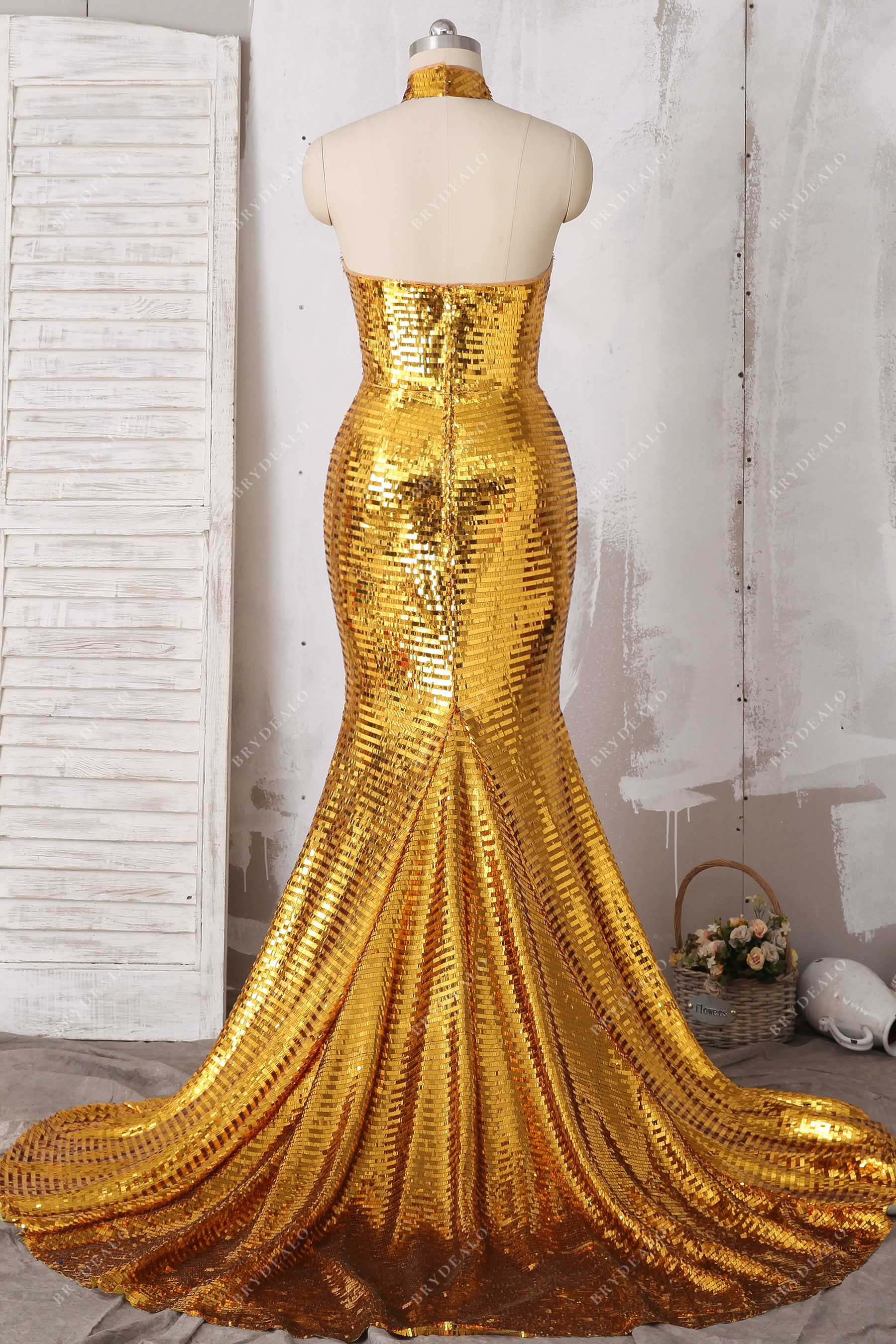 open back mermaid halter sequin prom gown