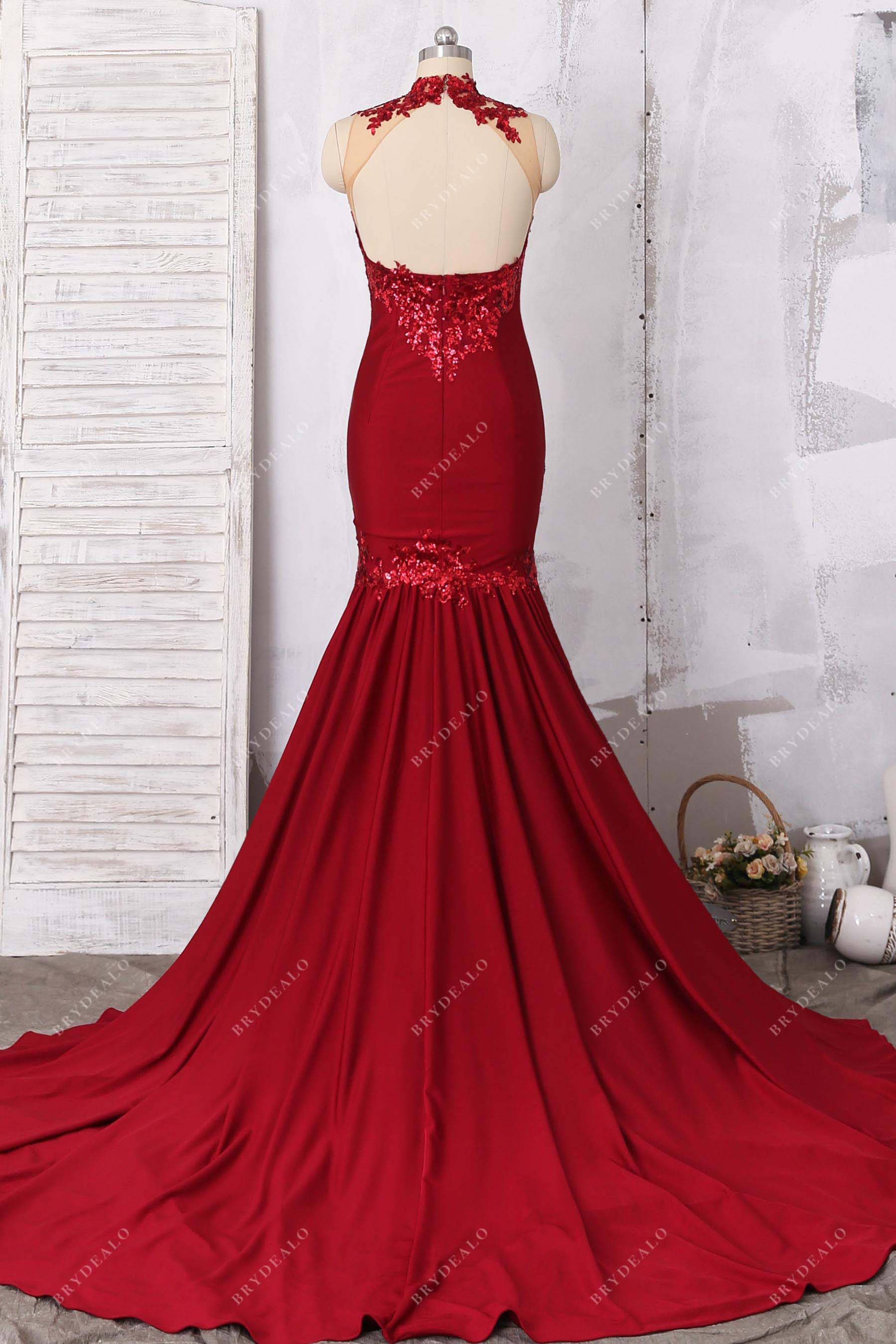 open back mermaid jersey appliqued prom gown