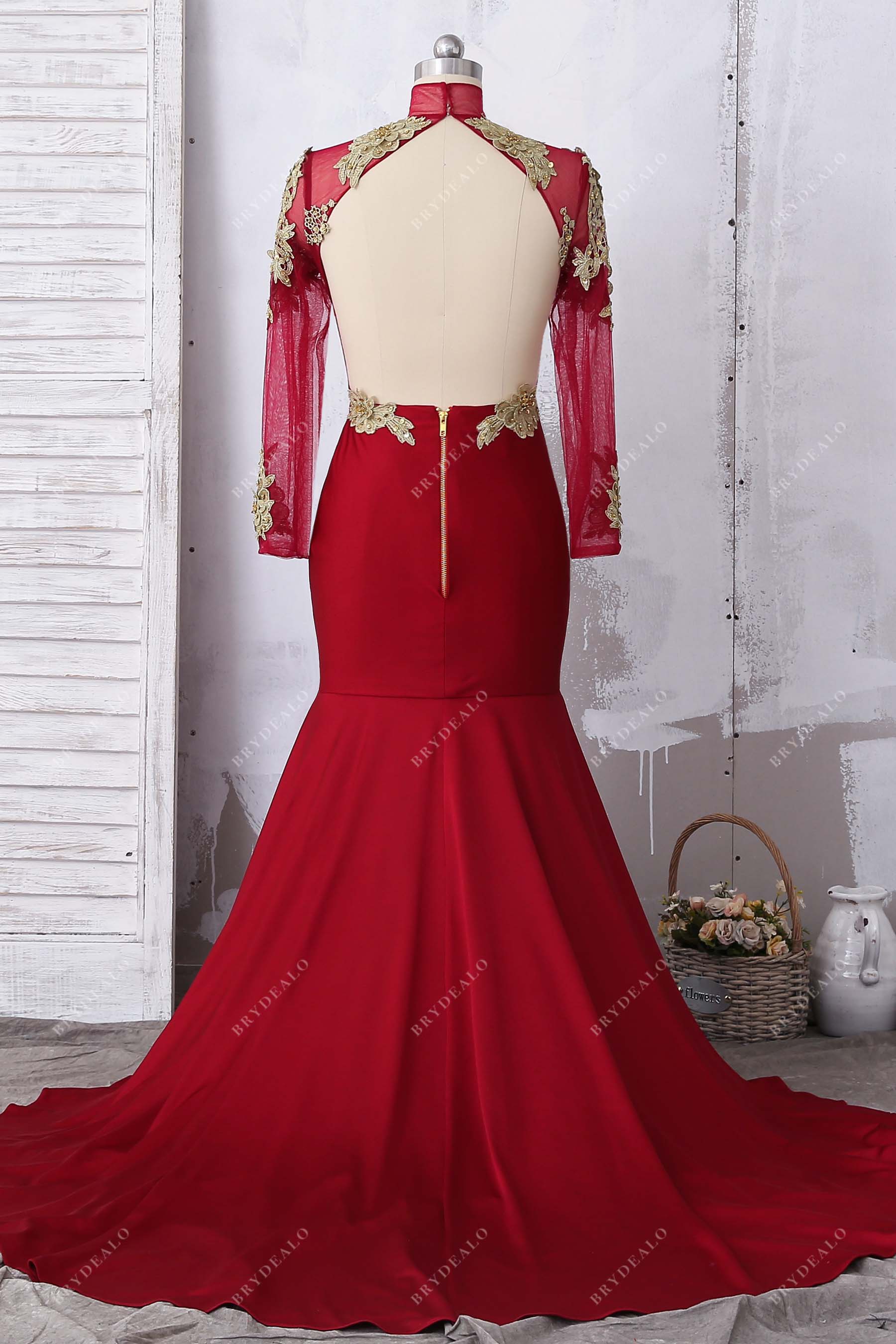 open back mermaid jersey red prom dress