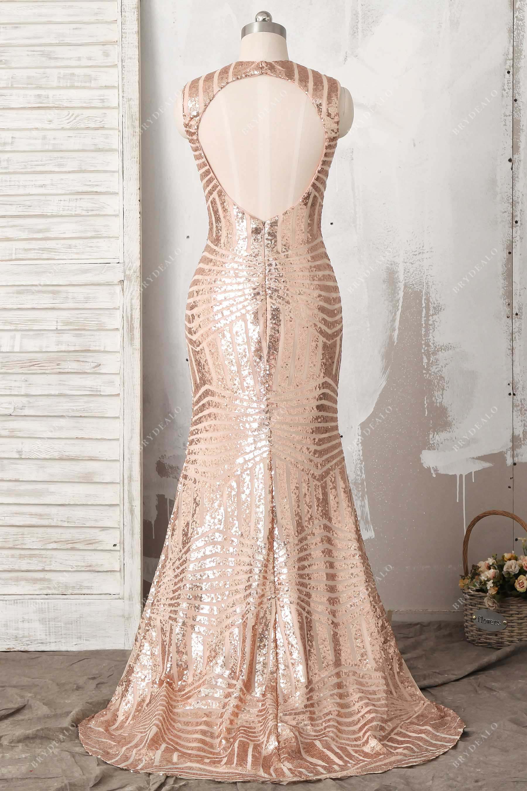 open back mermaid rose gold sequin prom dress