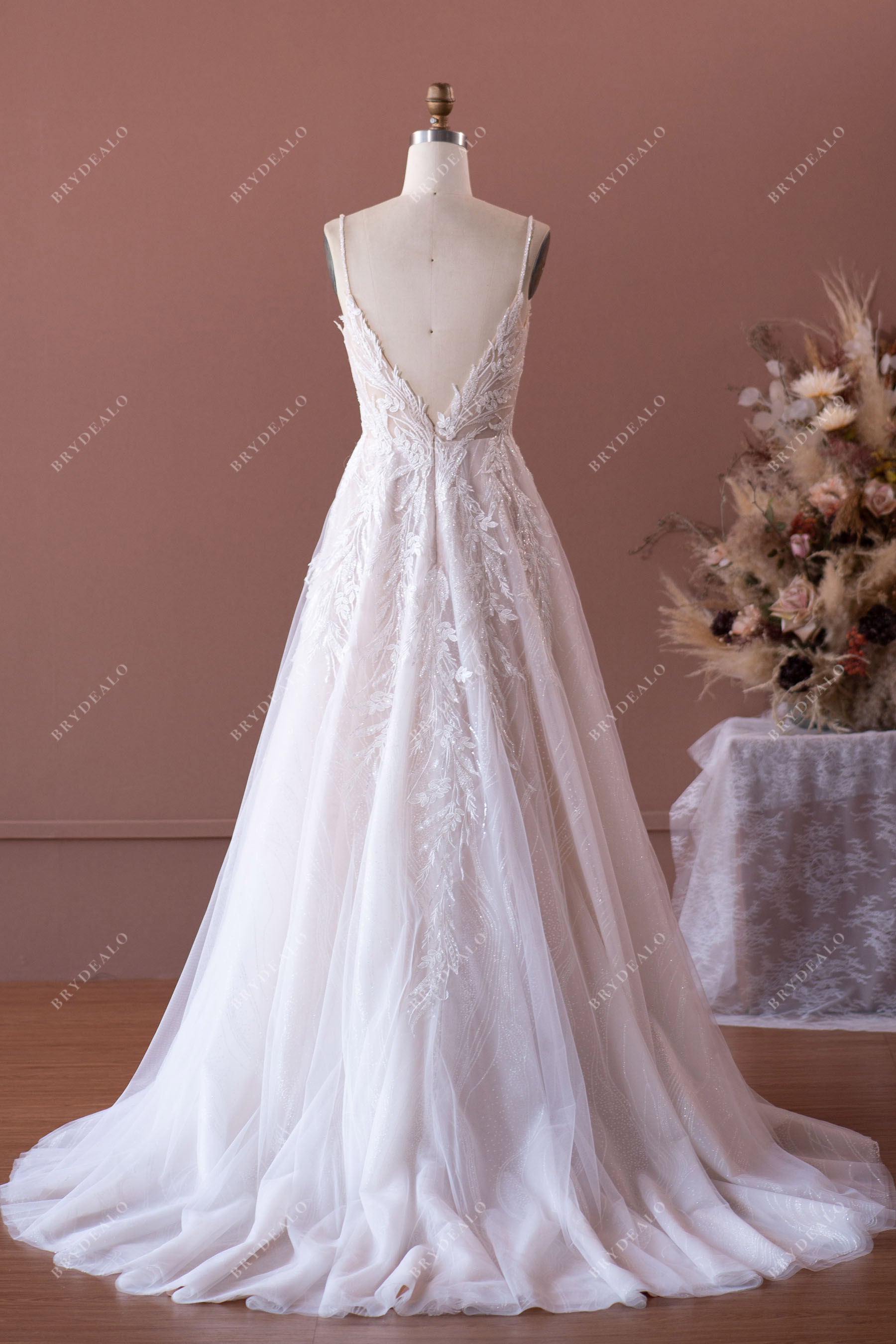 Beaded Strap Plunging Shimmery Lace Sample Wedding Dress