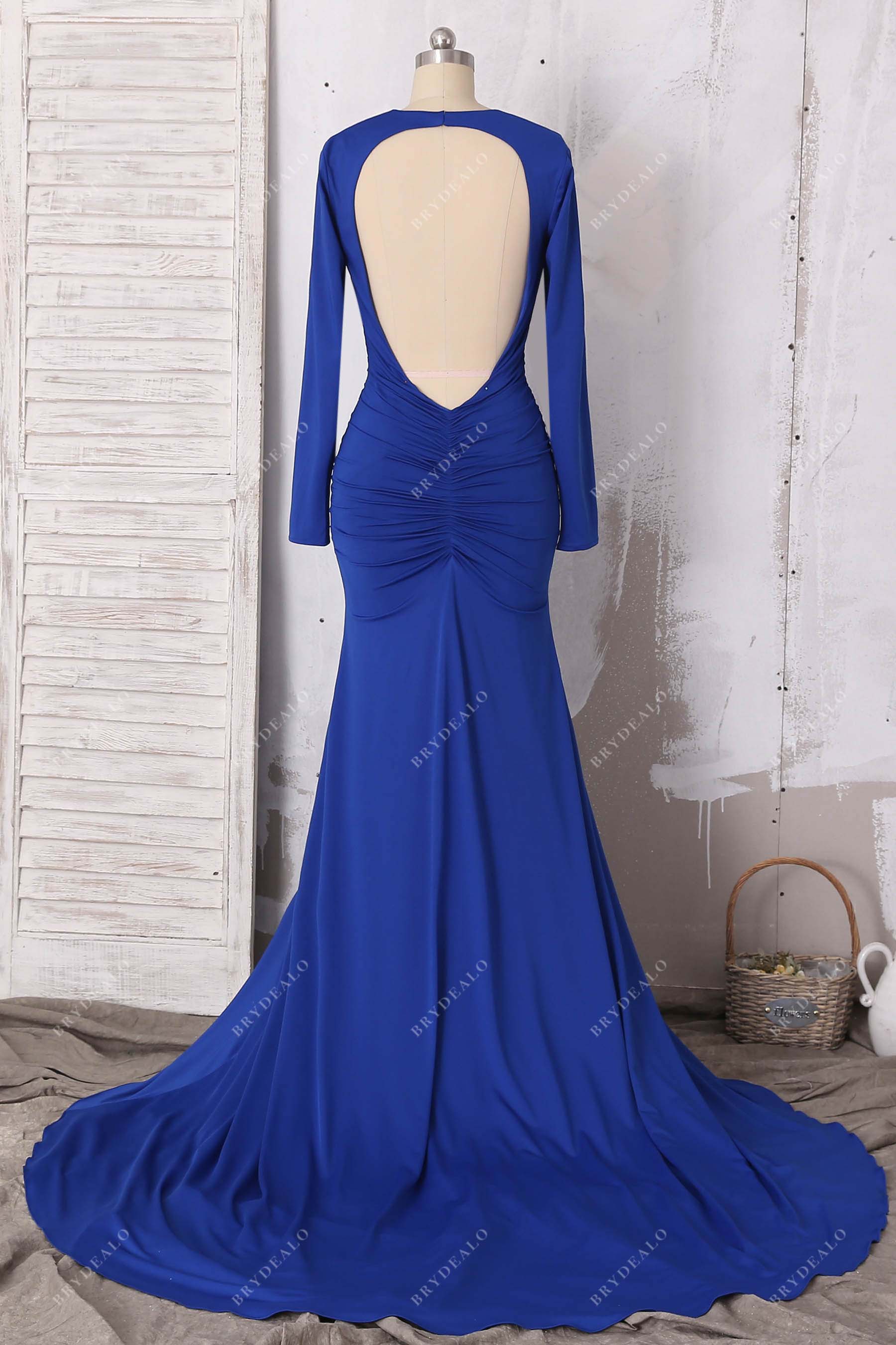 open back ruched jersey mermaid gown