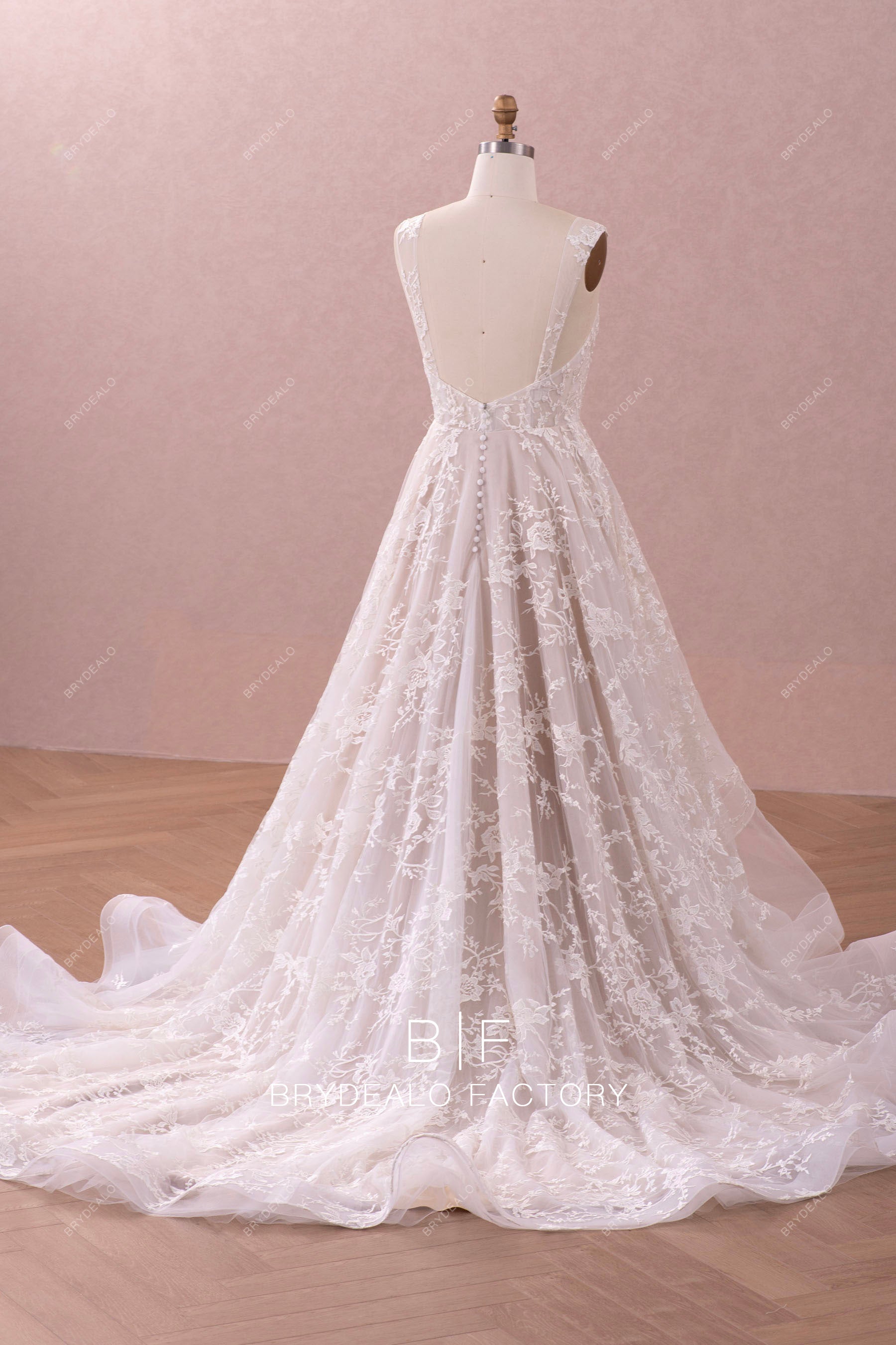 open back straps long lace wedding dress