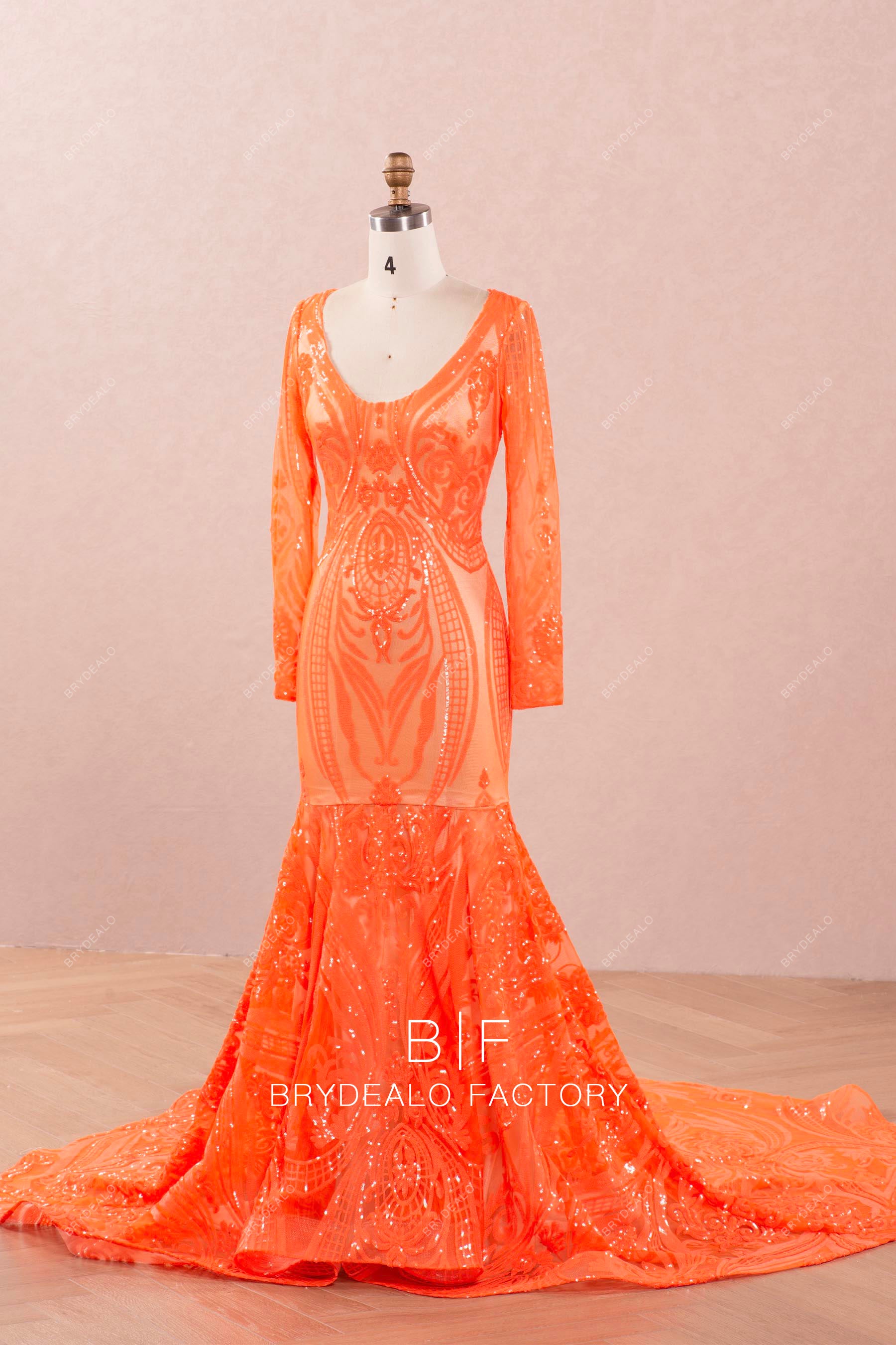 Orange Long Sleeve V-neck Patterned Sequin Prom Dress