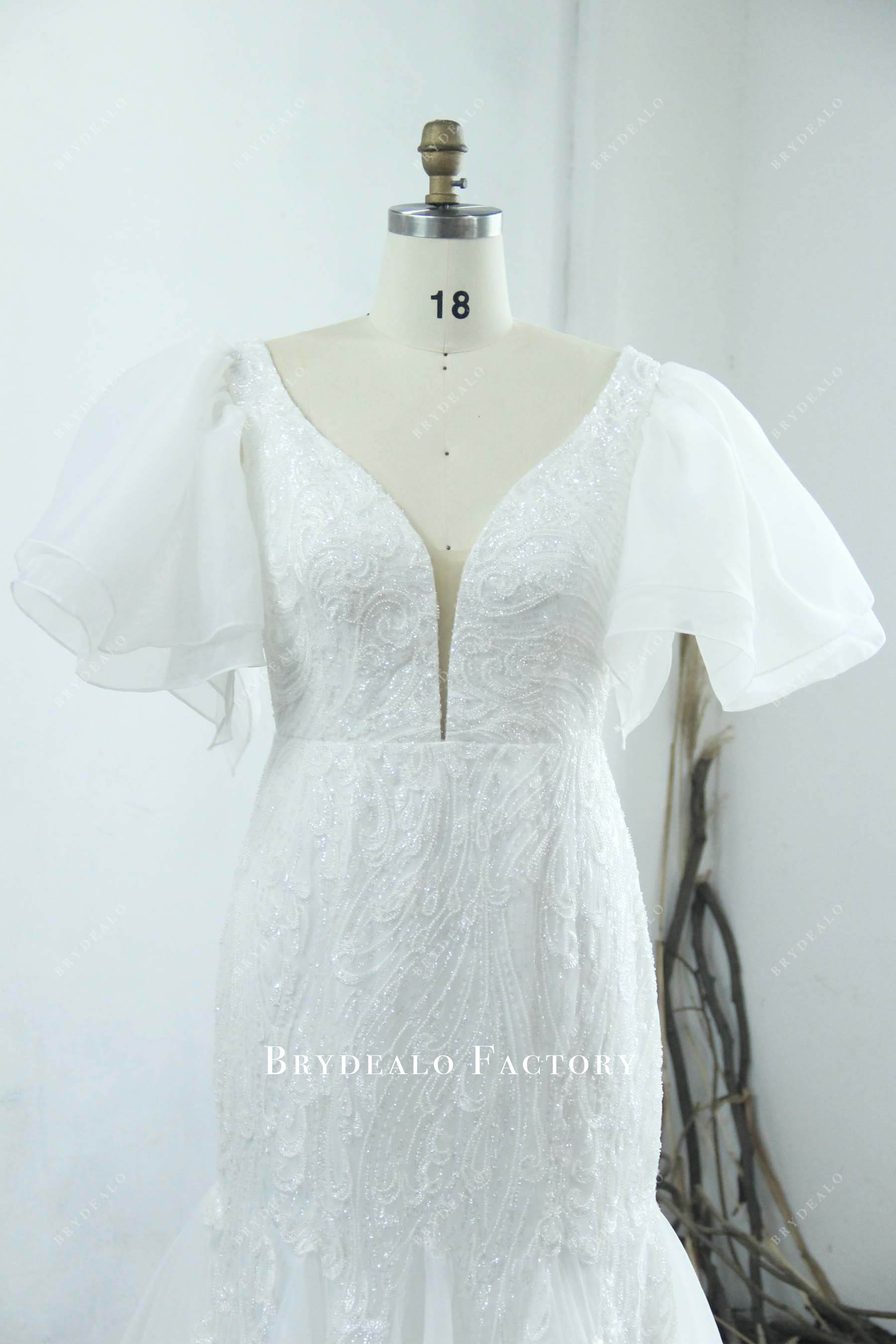 organza flutter sleeve plunging wedding dress
