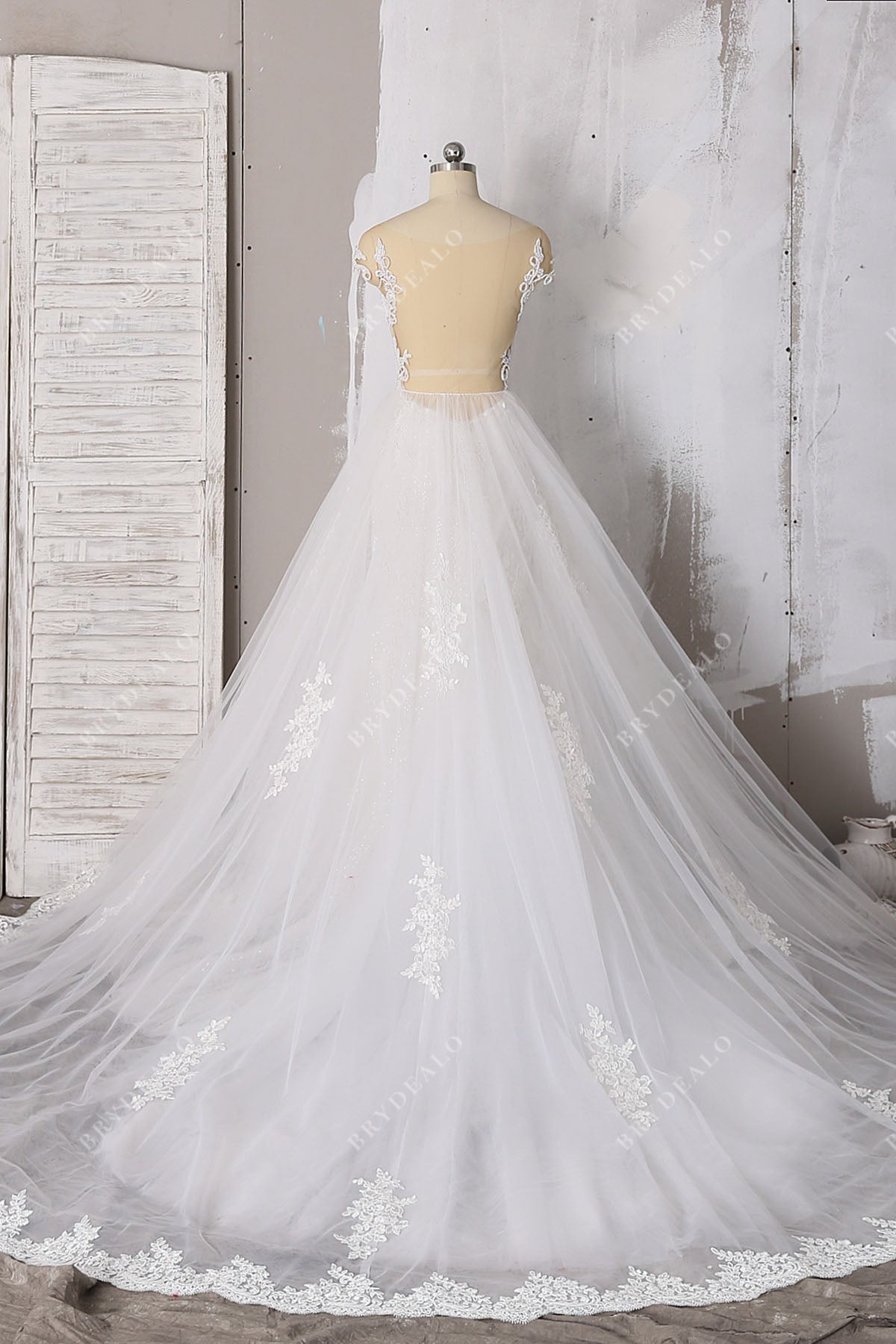 overskirt illusion back beaded lace tulle bridal dress