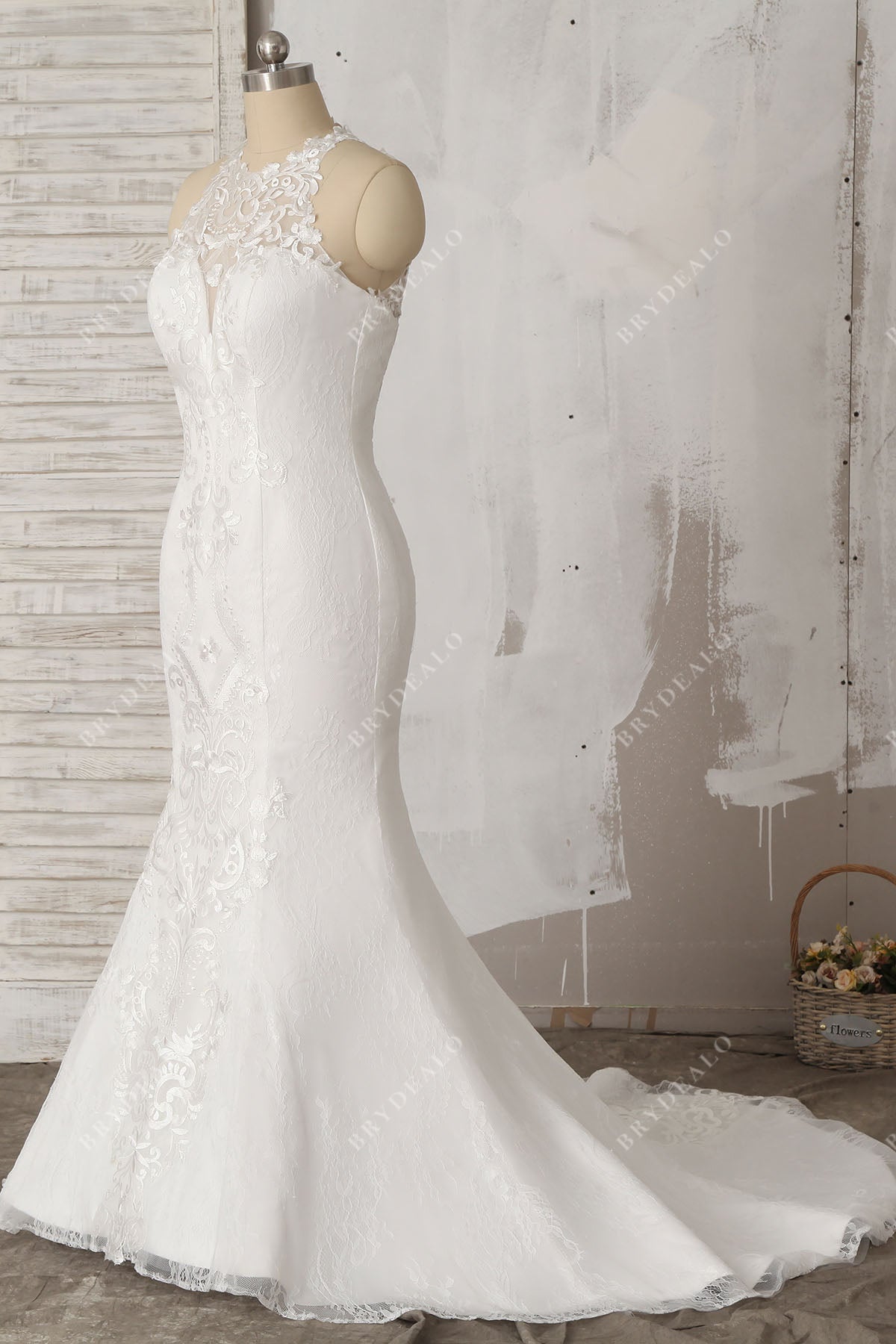 patterned lace halter sheer neck mermaid bridal dress