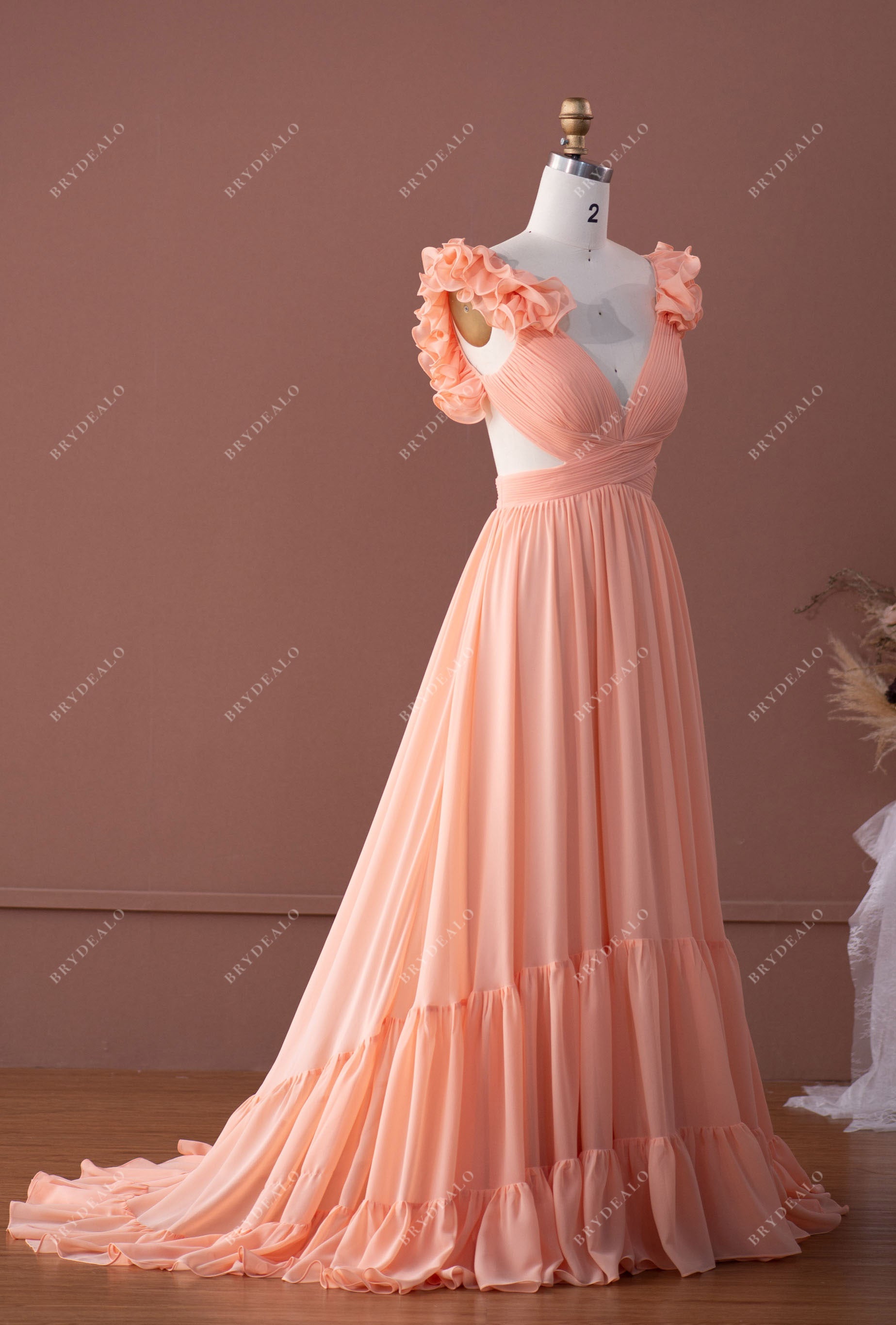 peach pink flowing chiffon formal gown