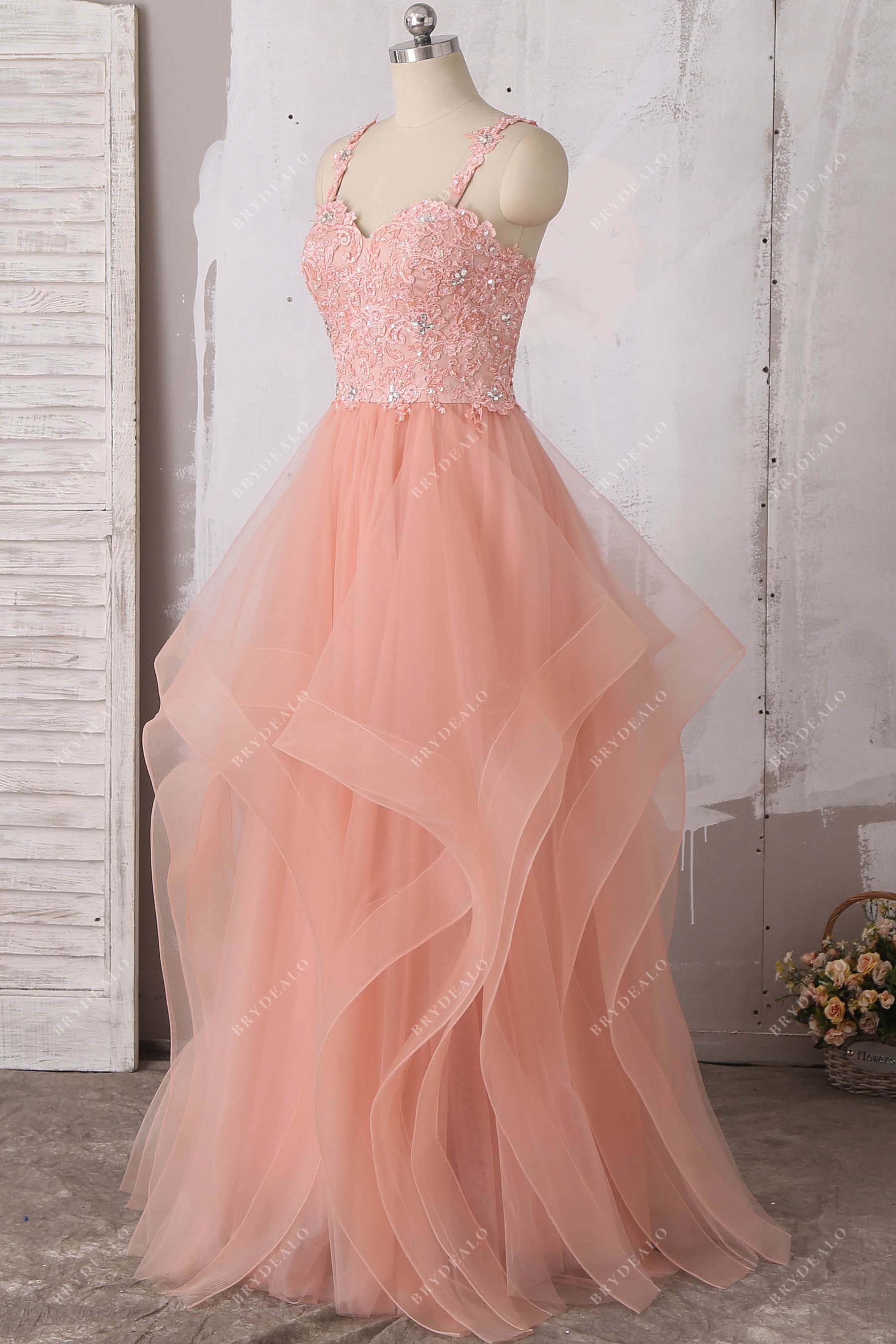 peach pink lace tulle prom dress