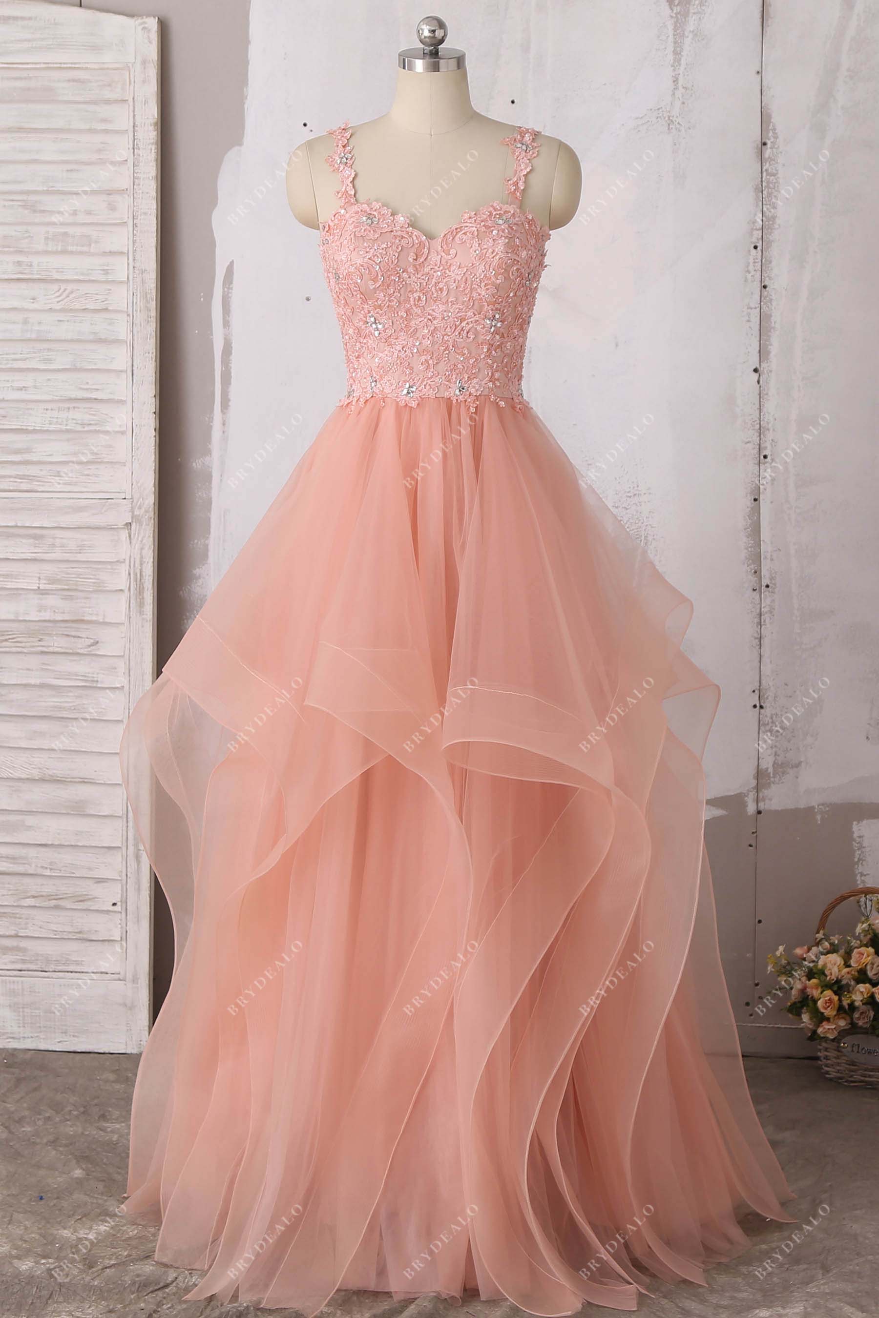 peach pink sweetheart neck lace tulle prom dress