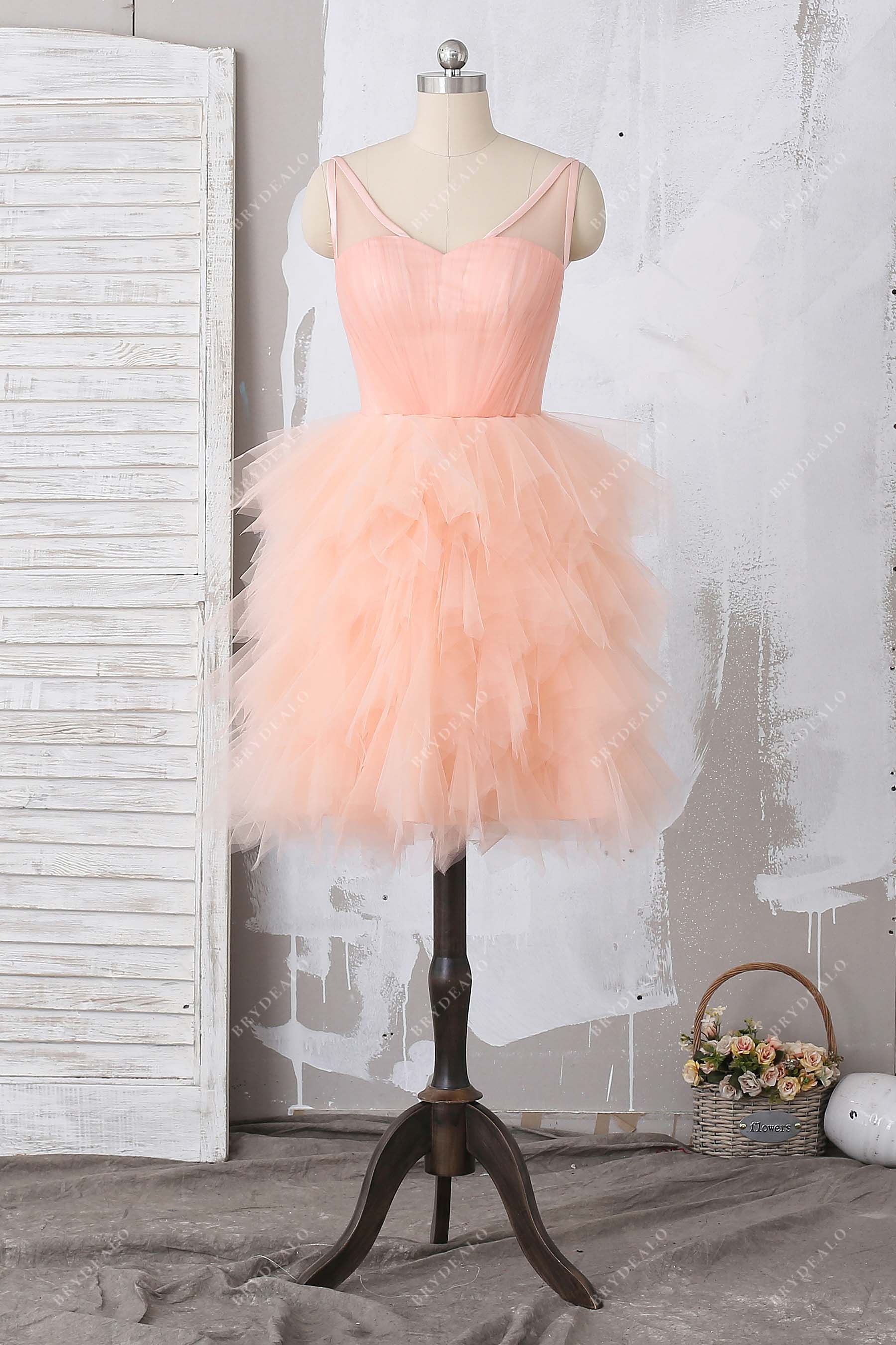 peach tulle ruffled cocktail dress