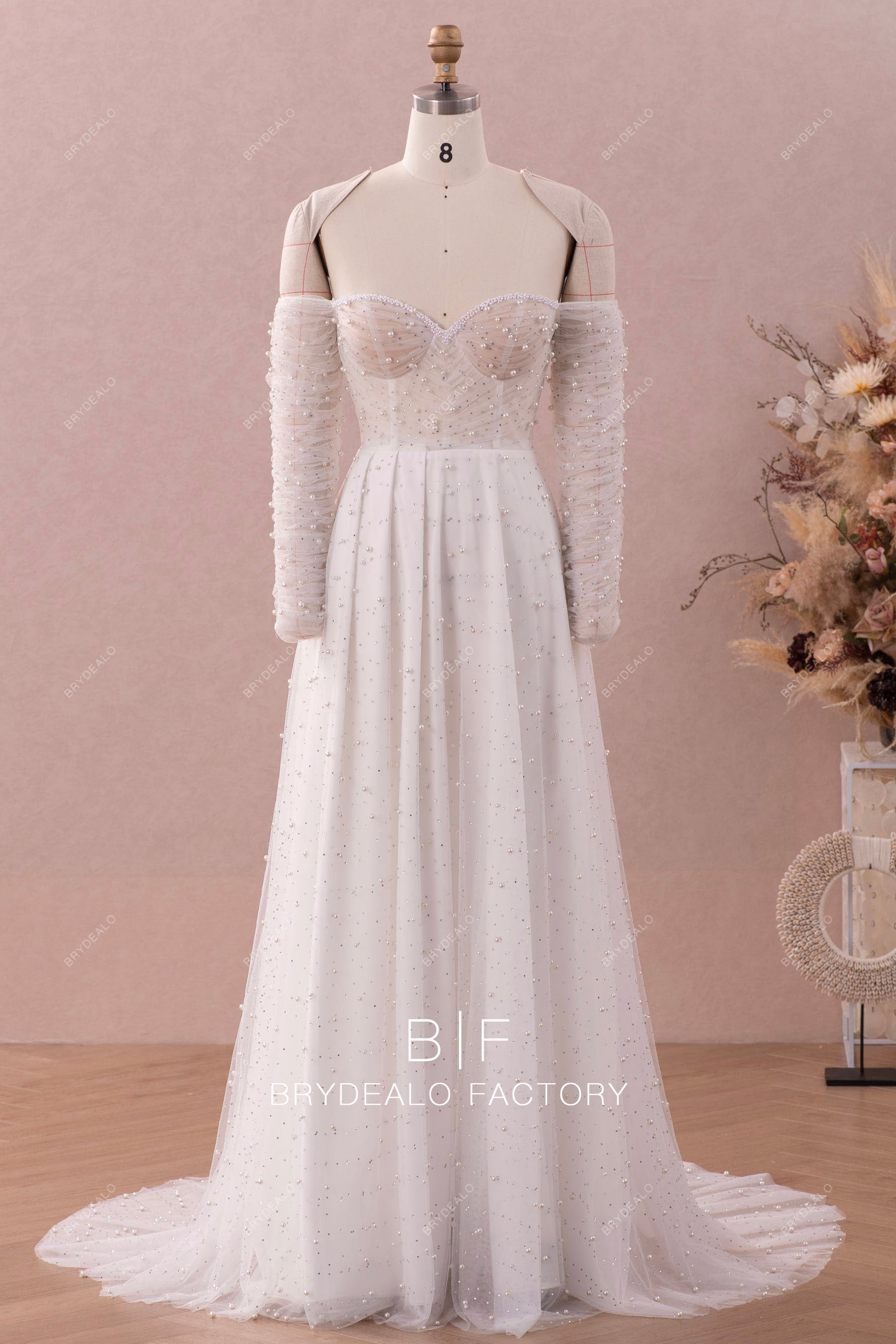 pearl off shoulder A-line wedding dress