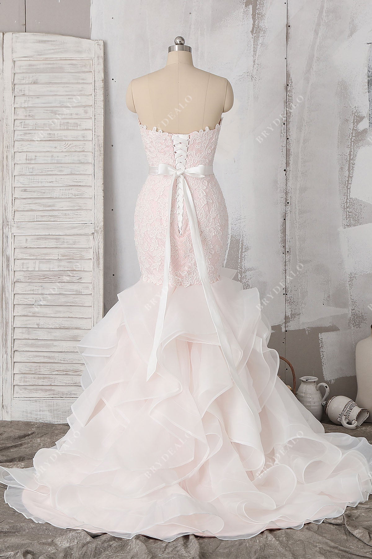 pearled lace organza strapless wedding gown