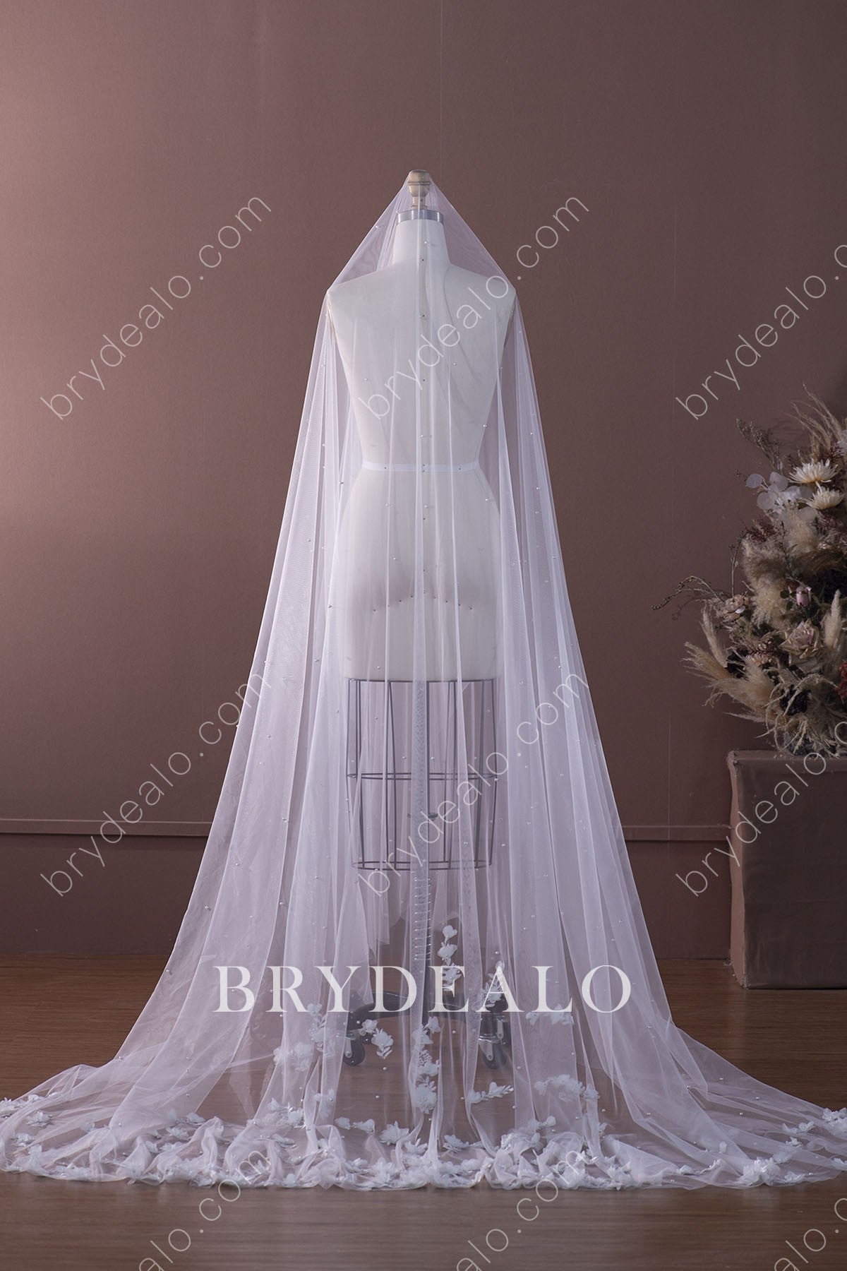 pearls 3D flower chapel length bridal veil