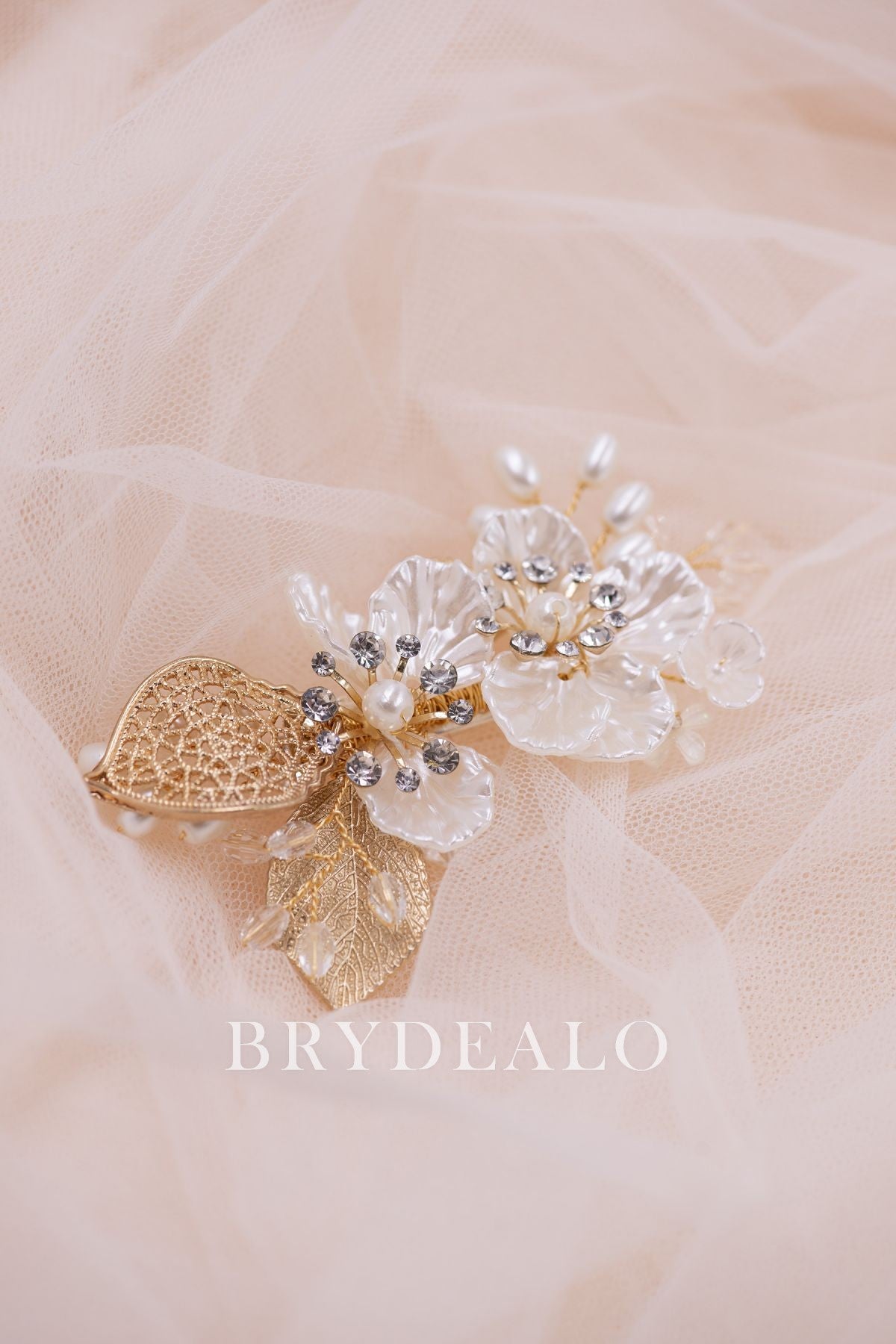 Ornate Pearls Flower Leaf Bridal Hair Clip