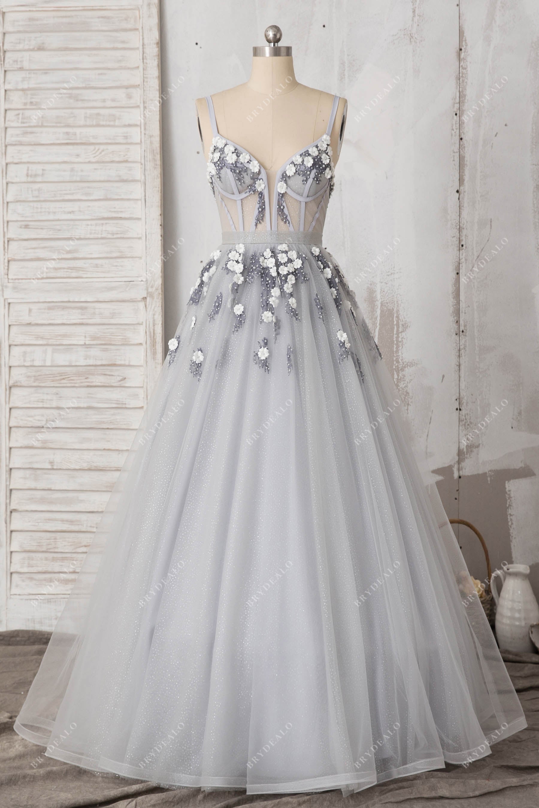 Pearls Flower Silver Sweetheart Corset Prom Dress