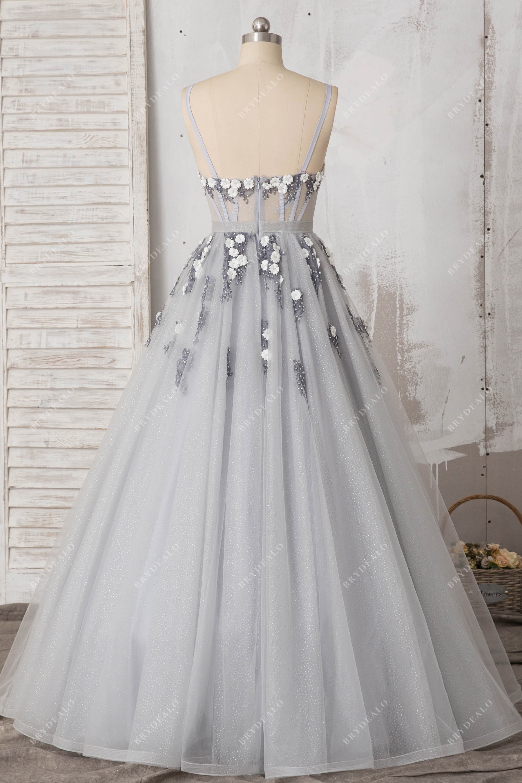 Pearls Flower Silver Corset Prom Dress