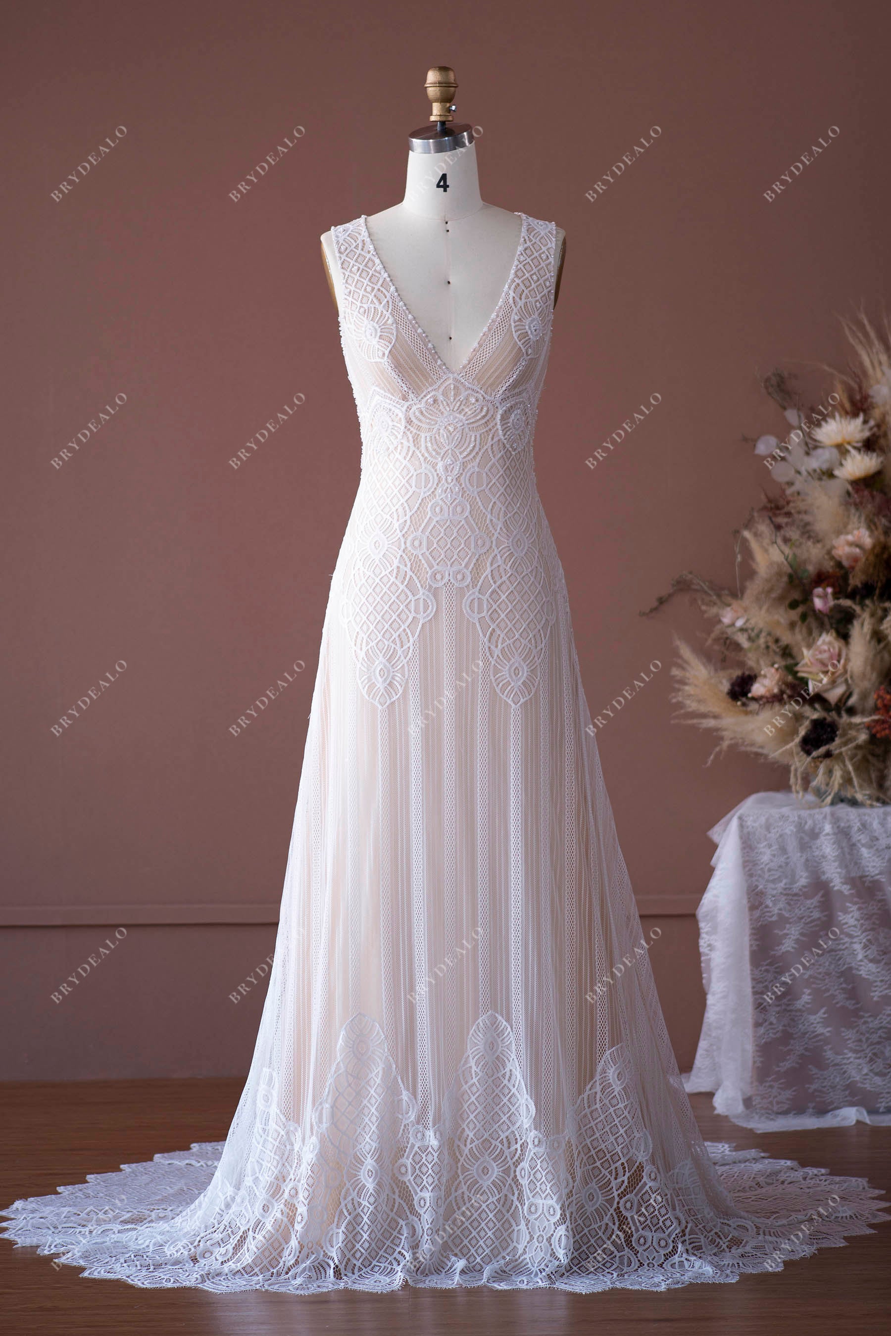 Elegant Pearls Lace Plunging Boho Wedding Dress