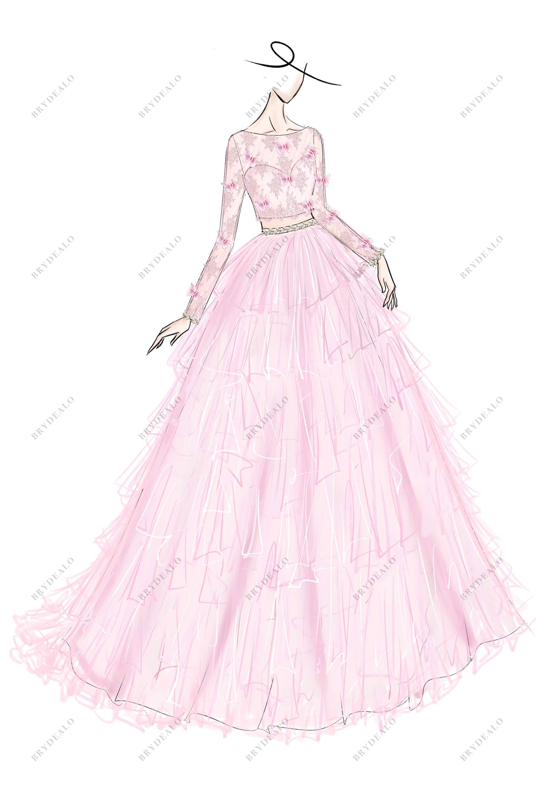 pink A-line lace wedding dress sketch