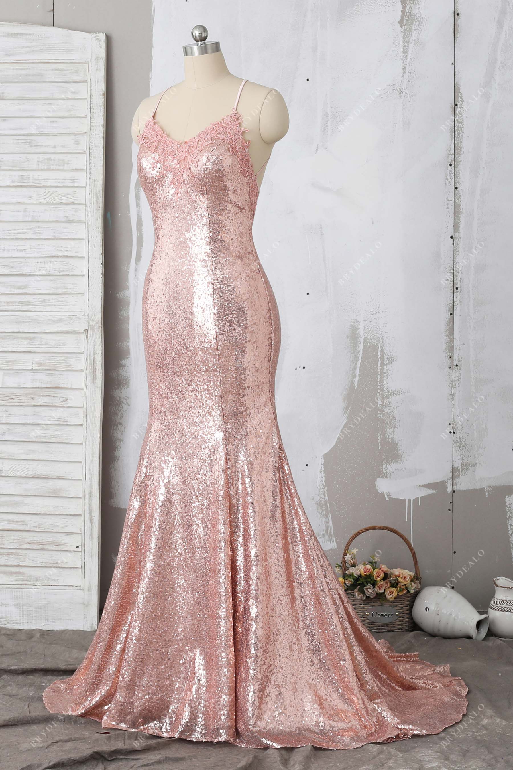 Elegant Lace Appliqued Rose Pink Sequin Mermaid Prom Gown for wholesale