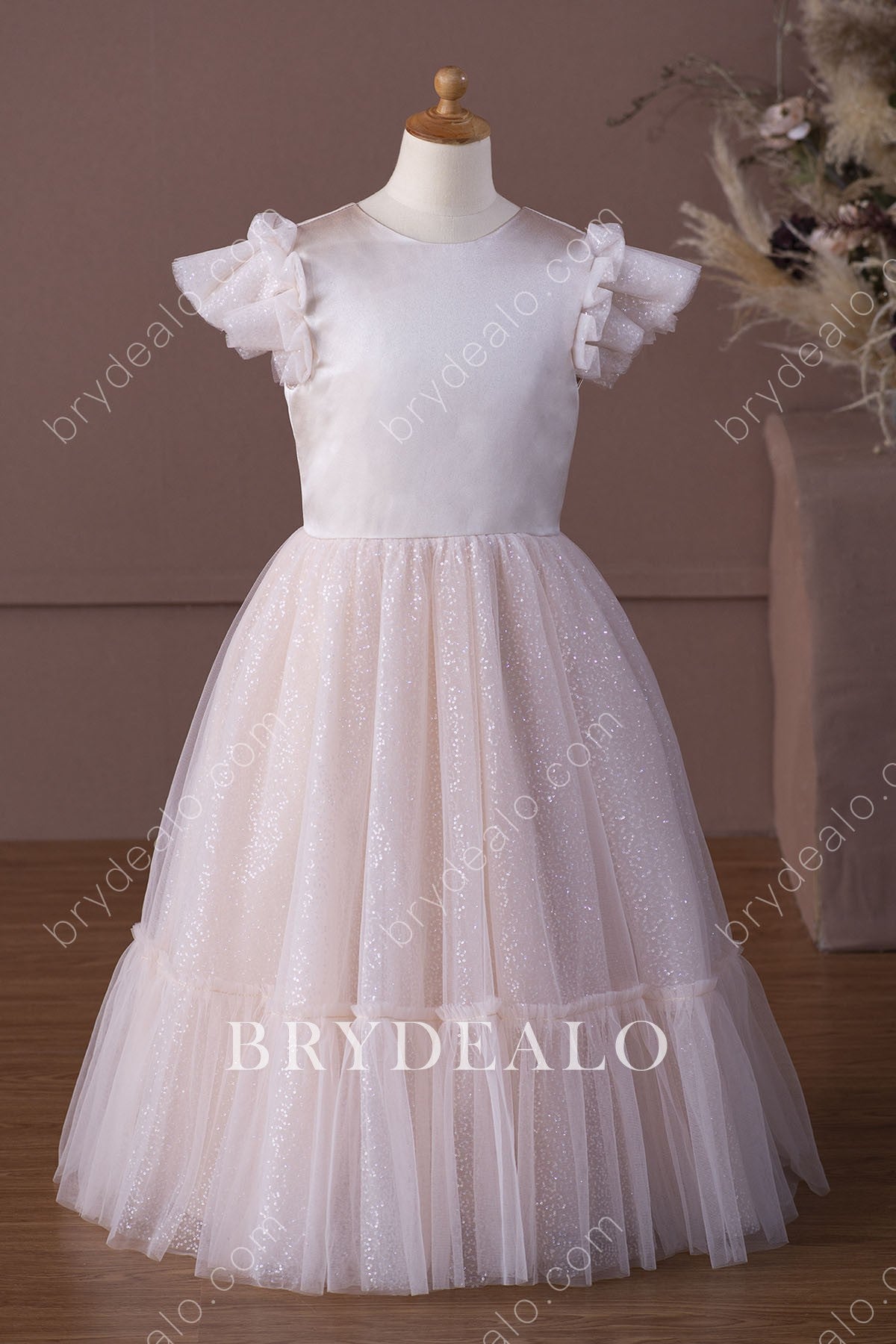 Pink Bow Glitter Floor Length Flower Girl Dress