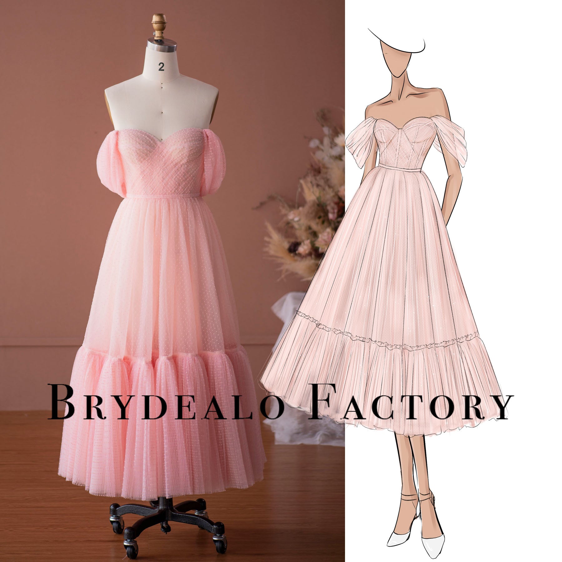 designer pink dot lace off shoulder tea length formal dress
