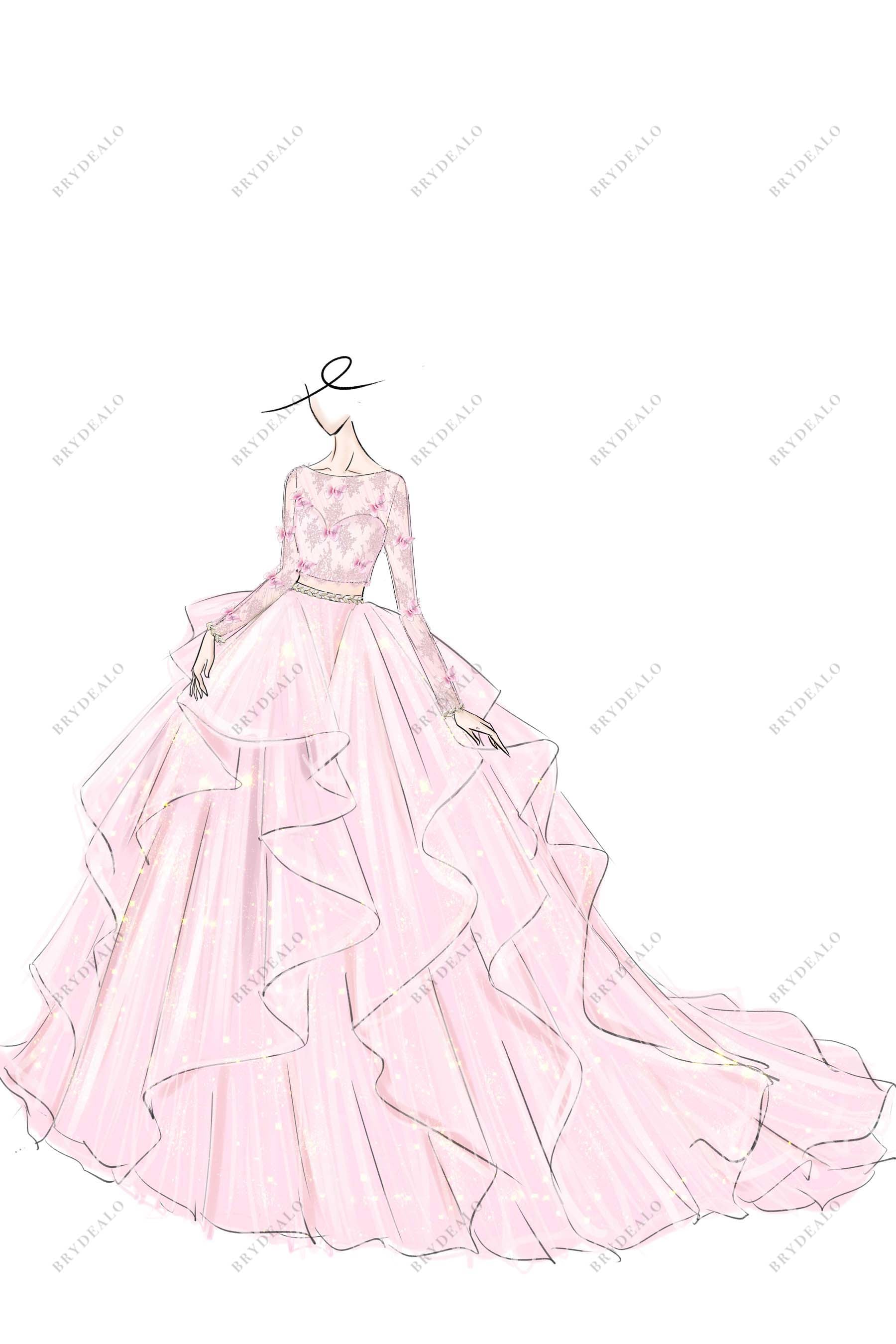 Pink Lace Ruffled Ball Gown Two-piece Bridal Dress Sketch